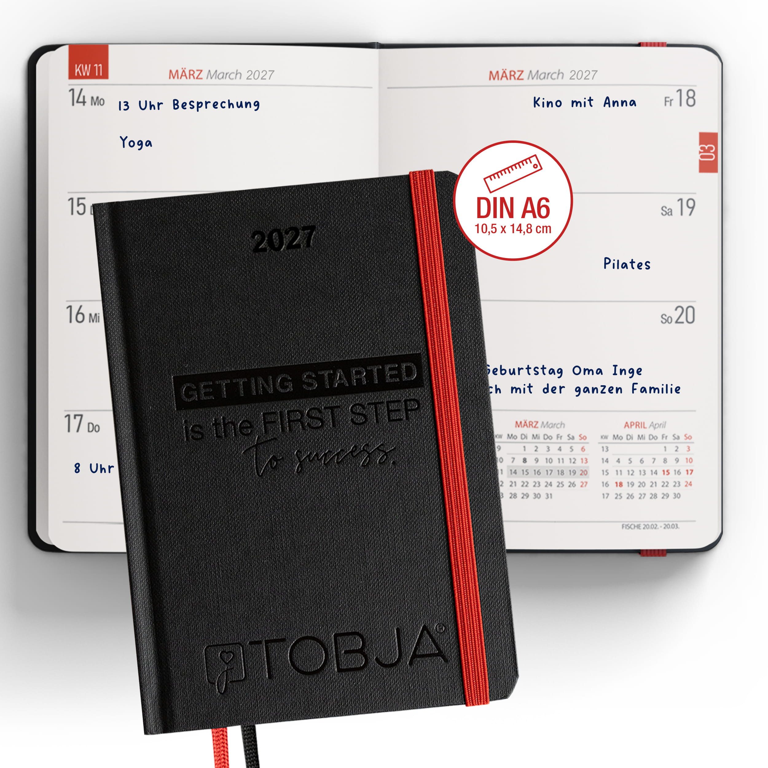 TOBJA Taschenkalender Taschenkalender 2027 A6 Schwarz Hardcover 1 Woche 2 Seiten FSC, Blindprägung, 2 Lesebändchen, Gummiband, FSC, A6
