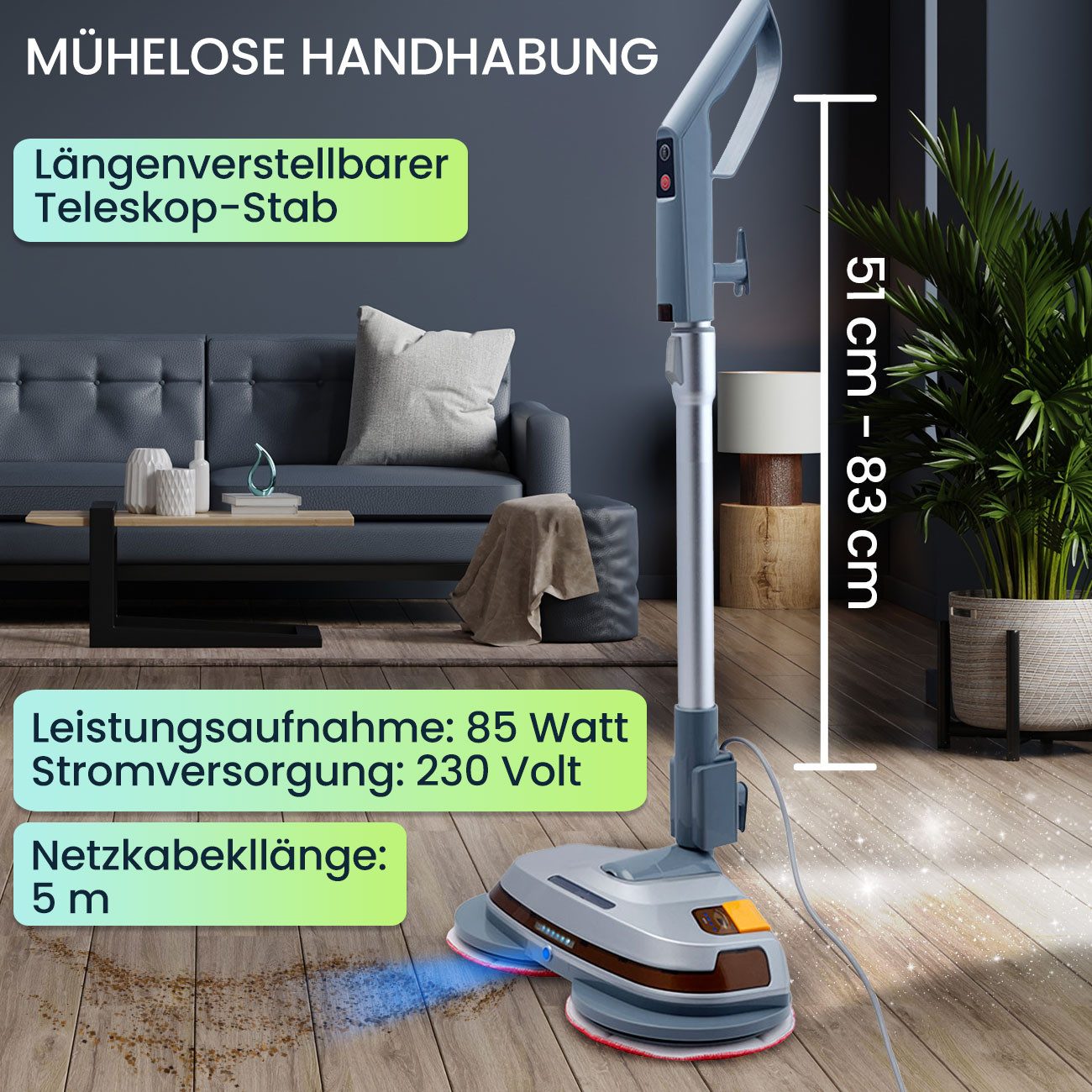 Casativo Hartbodenreiniger 85W Tiefenreinigende Boden-Poliermaschine Teleskopgriff Sprühfunktion, 85 W, mit Wischwasser-Tank, 260 U/Min, waschbare Klett-Pads, 3,2 kg 5m-Kabel