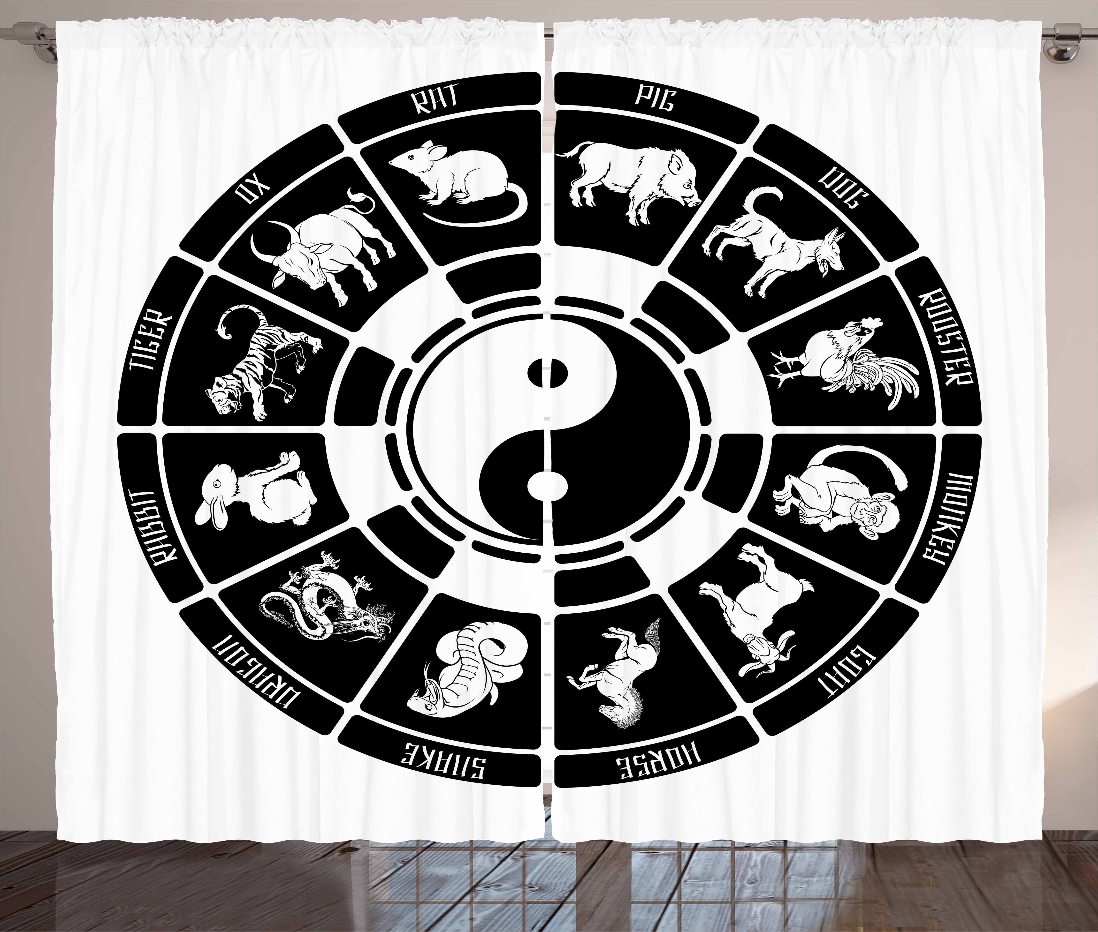 Gardine Schlafzimmer Kräuselband Vorhang mit Schlaufen und Haken, Abakuhaus, Tierkreis Chinesisches Horoskop-Rad