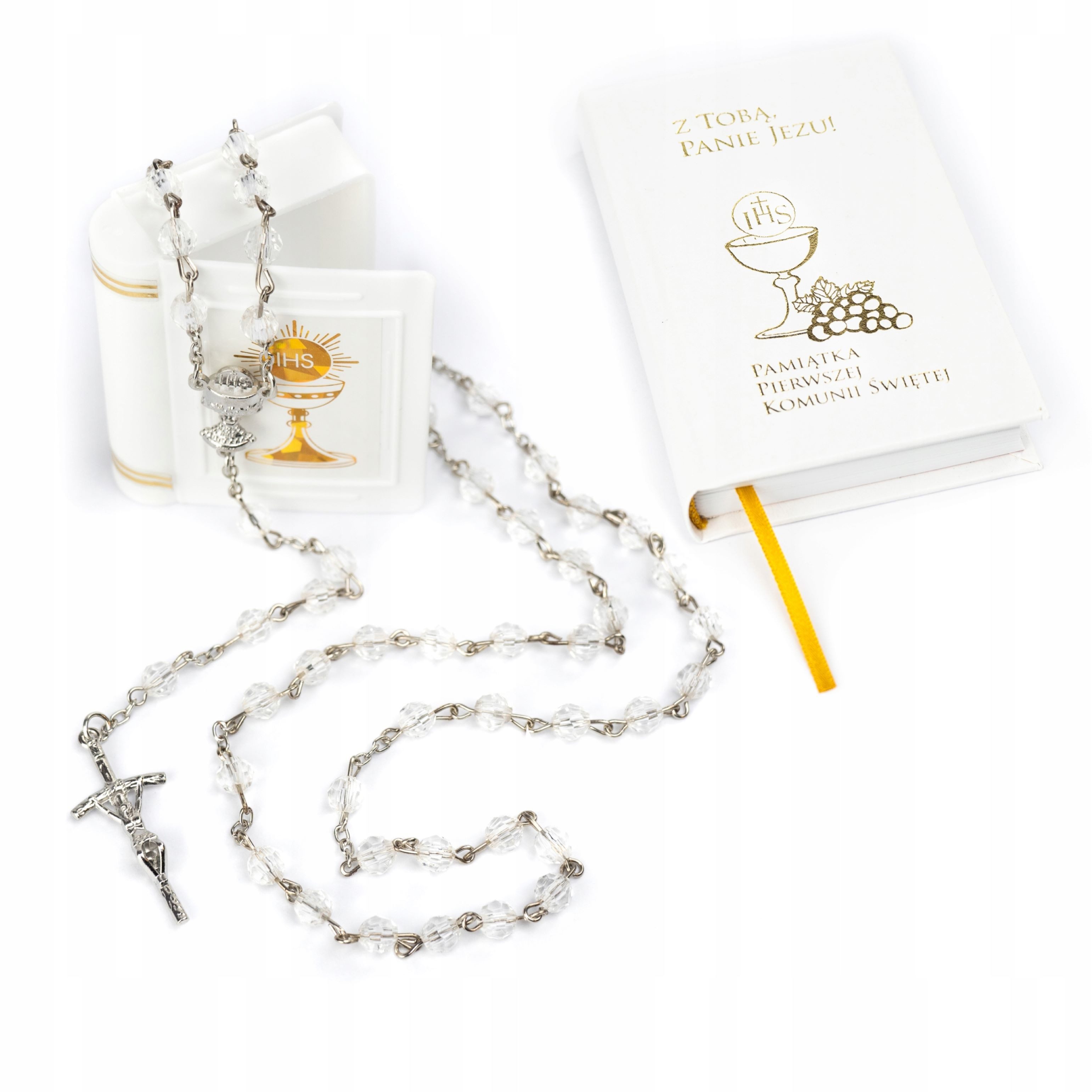Sacramenta Kommunionskarte Exklusives Kommunionsset: Rosenkranz mit Kristallperlen & Gebetsbuch.