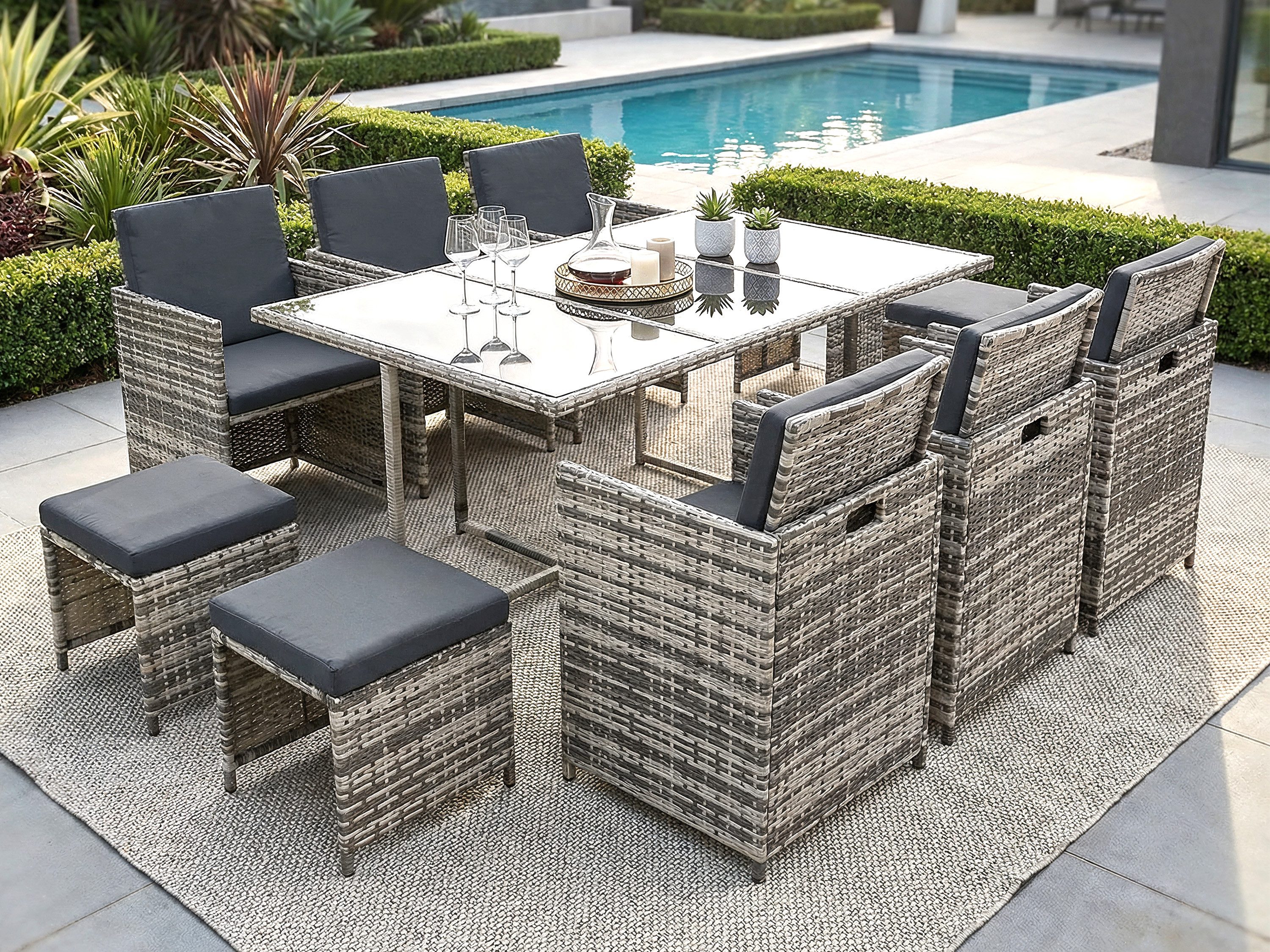 Swing&Harmonie Garten-Essgruppe Poly Rattan Sitzgruppe Esstisch Lounge Gartenmöbel, (Sitzgarnitur, Tisch, Stühle, Hocker Garnitur Set)