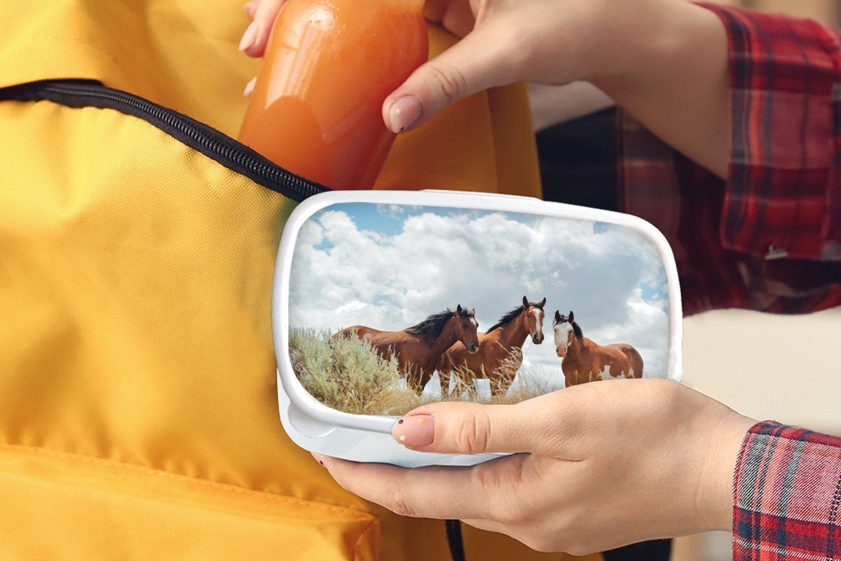 MuchoWow Lunchbox Erwachsene, Kunststoff, die Mustang-Pferde Brotdose, Jungs in Brotbox Kamera, und Mädchen weiß und für schauen Kinder (2-tlg), für Drei