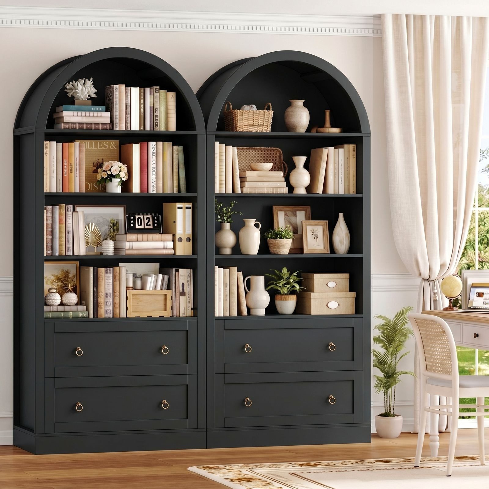 Homfa Bücherregal gewölbter Bücherschrank mit 2 Schubladen, Standregal mit 8 offenen Fächern Büroregal Holz 177x79,5x36cm