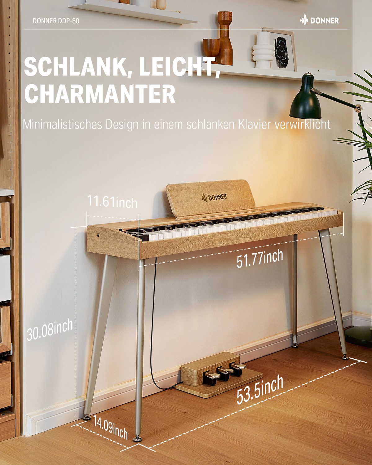 Donner Digitalpiano 88 Tasten halbgewichteter Tastatur Holzmaserung Keyboard DDP-60 (SET, 3-Pedal-Einheit,Netzadapter, Notenständer, Produktanleitung), 128 Stim – Bild 5 von 5