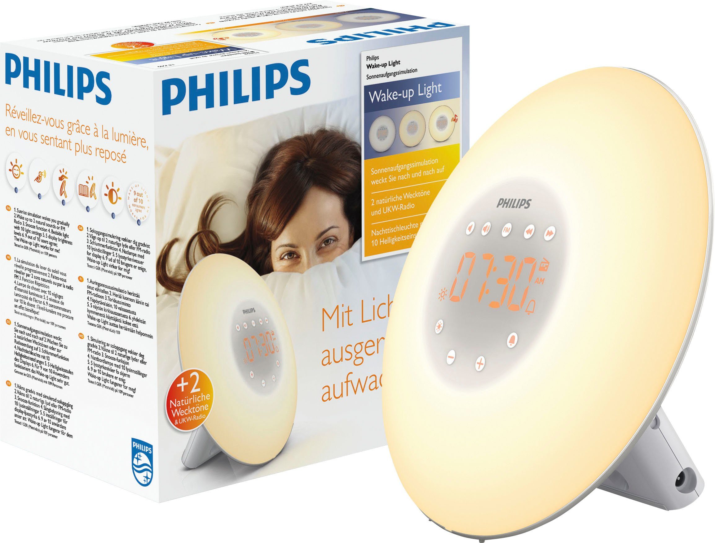 Philips Tageslichtwecker Wake-up Light HF3506 mit 2 natürlichen Wecktönen, UKW-Radio und 10 Lichteinstellungen weiß