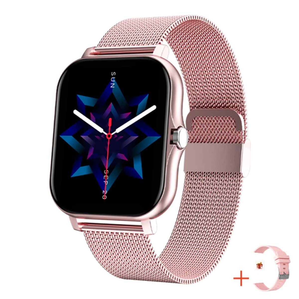 TPFNet SW03 mit Milanaise Armband + Silikon Armband Smartwatch (Android), individuelles Display - Armbanduhr mit Musiksteuerung, Herzfrequenz, Schrittzähler, Kalorien, Social Media etc., Rosa