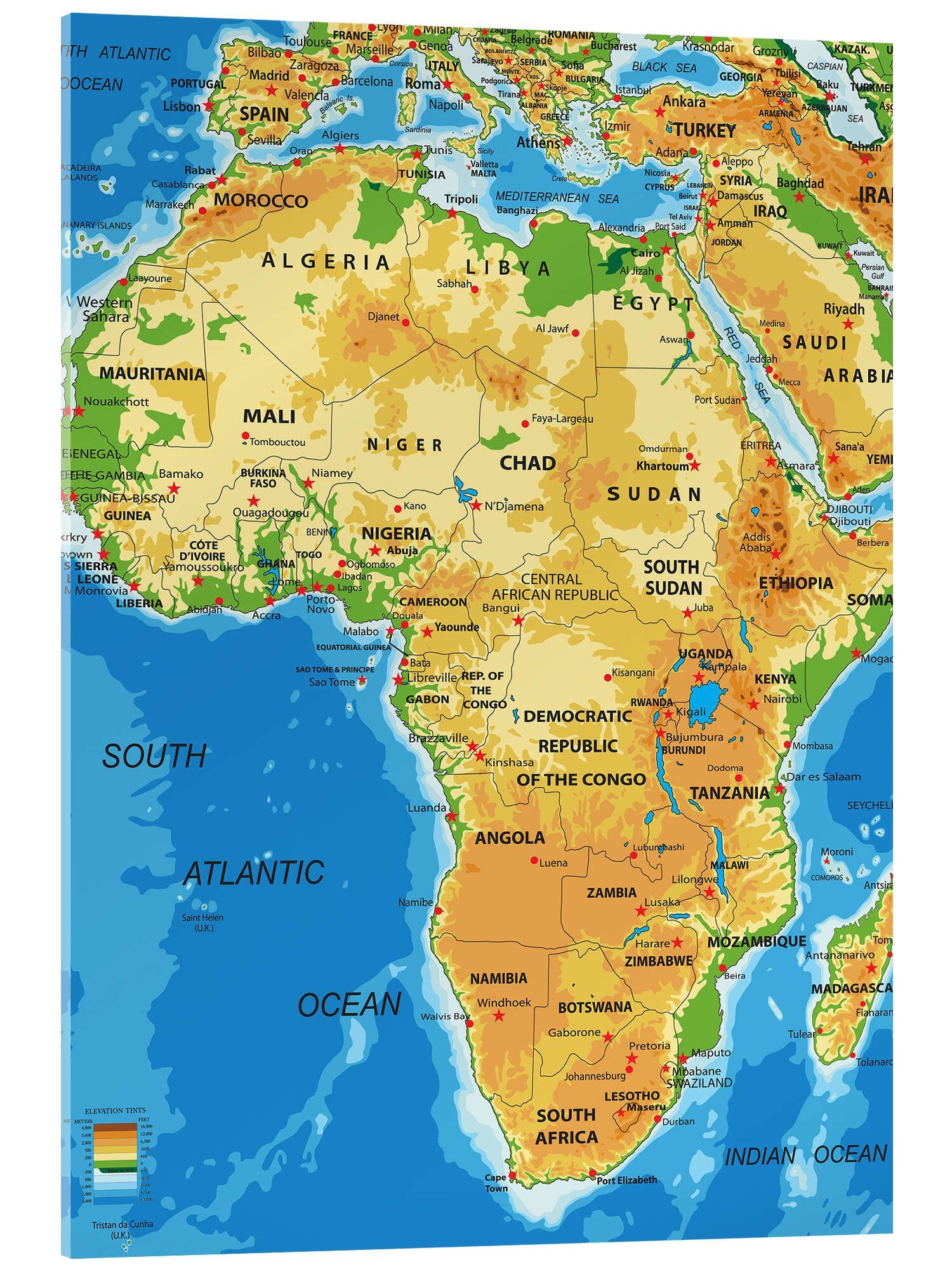 Posterlounge Wandbild Afrika - Topografische Karte (Englisch) I, Editors Choice, erhältlich als Poster, Leinwandbild, Wandsticker oder Acrylglasbild