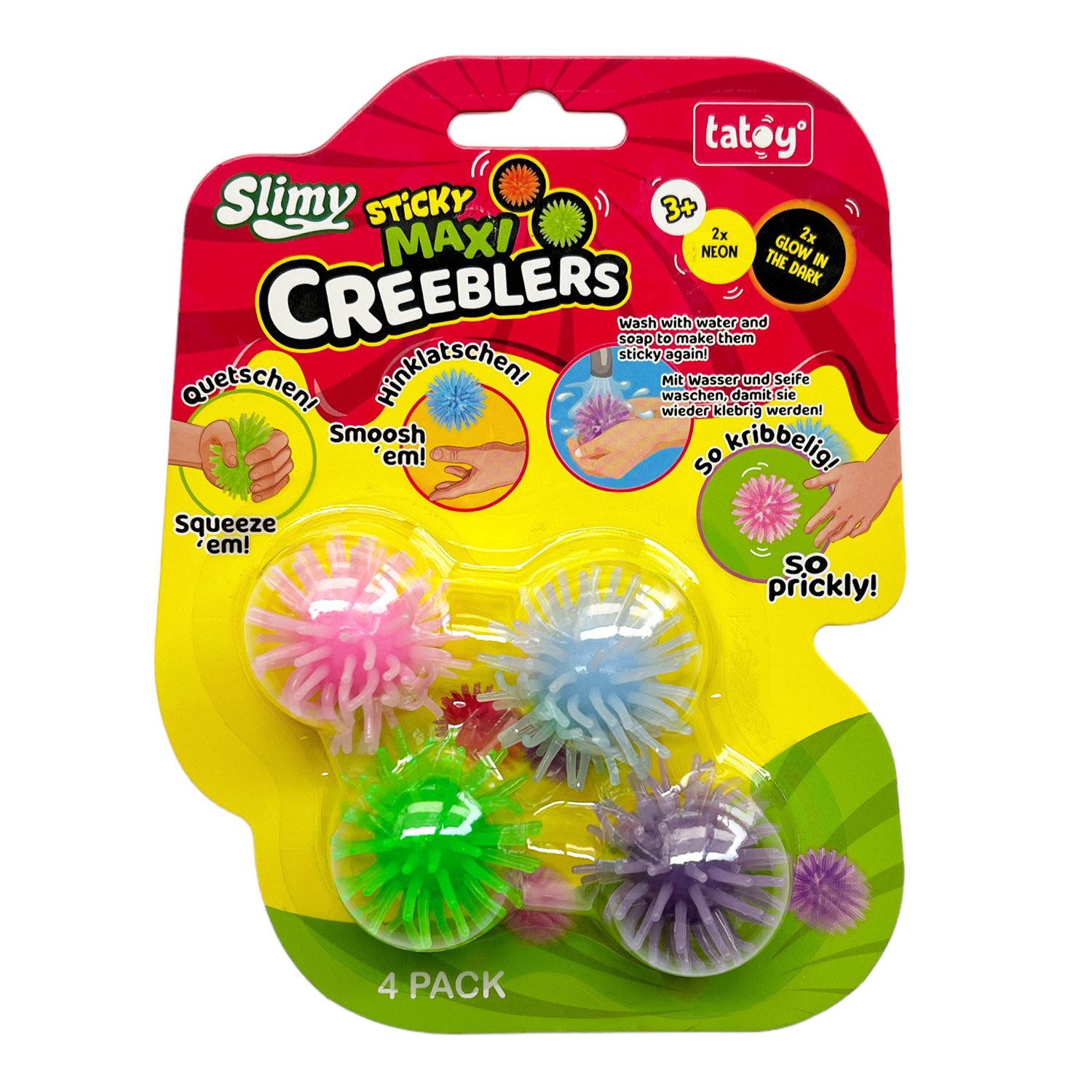 Tatoy® Spiel Slimy Sticky Maxi Creeblers, die Original klebrigen Wandkrabbler 2 x Neon und 2 x GID in Maxigröße
