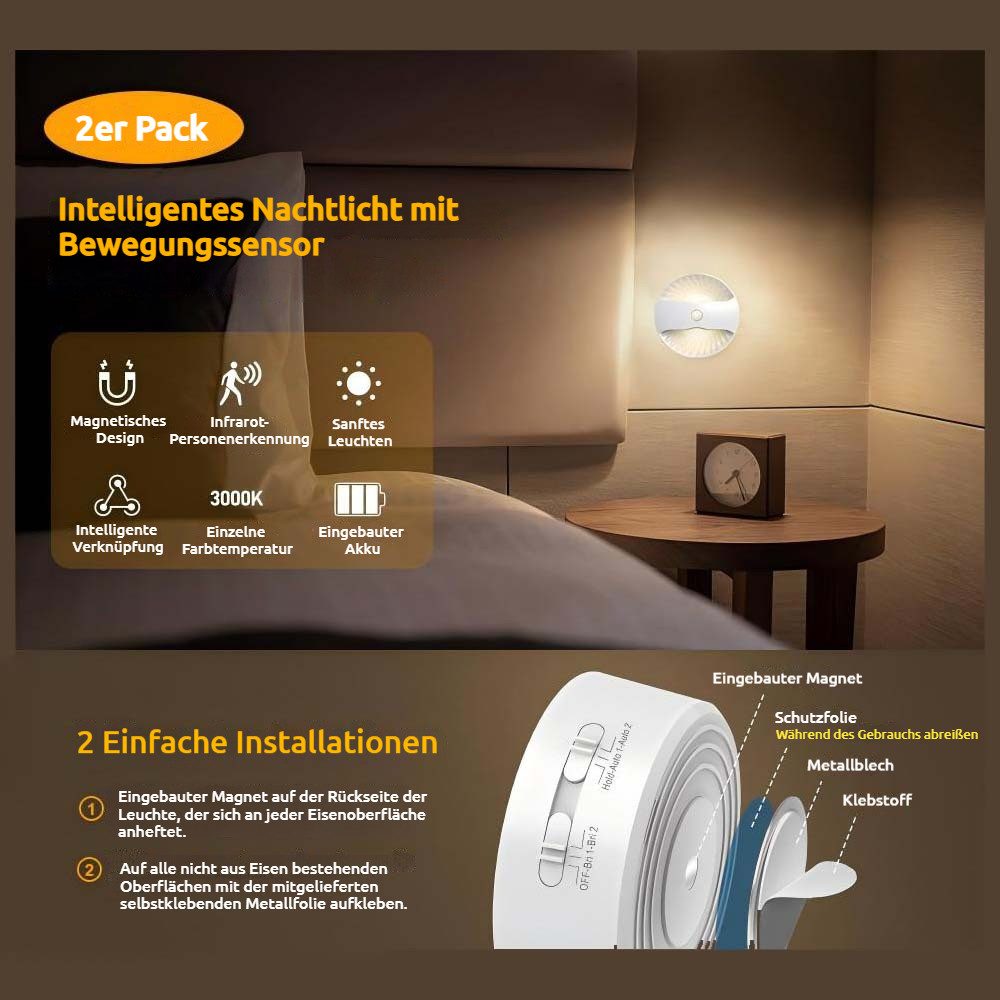 VIVIHEYDAY Bettleuchte 2X Wandleuchte LED Nachtlicht,mit Bewegungsmelder, Akku Kabellose, Wandlampe, LED Nachttischlampe Treppenbeleuchtung, USB Aufladbar, Warmweiß, Bewegungsmelder Licht für Treppenhaus Flur Schlafzimmer