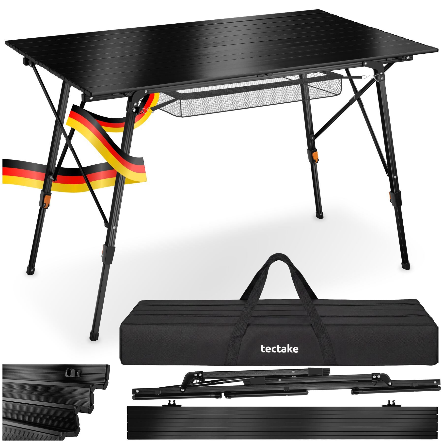 tectake Campingtisch Aluminium Klapptisch - faltbar, wetterfest, 120 x 70,5 x 58 – 79 cm (Outdoor Beistelltisch Bastian, 1-St., in schwarz), höhenverstellbar, mit Aufbewahrungsnetz und Tragetasche