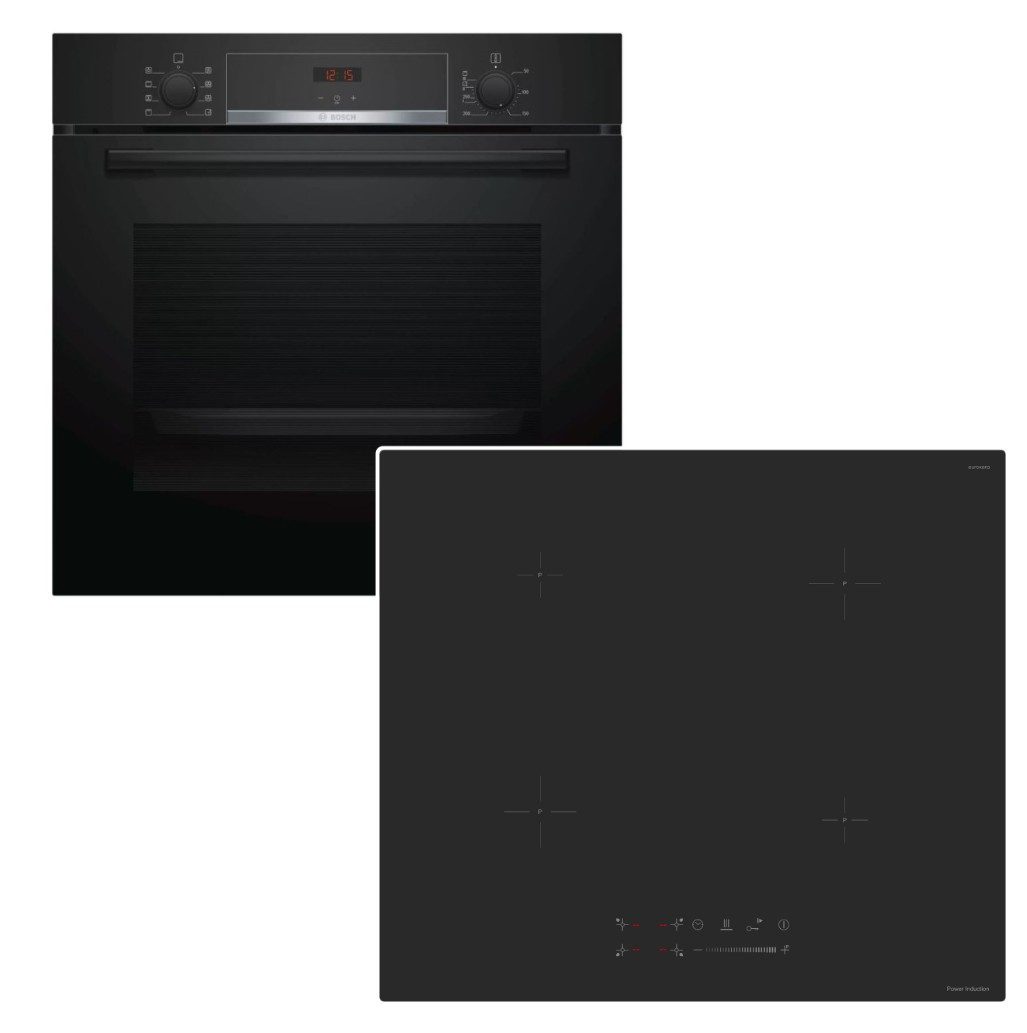 BOSCH Backofen-Set Backofen 3D Heißluft schwarz + keenberk Induktionskochfeld Blackmatt, mit Nein