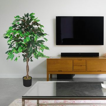 Kunstbaum Ficus Benjamin Birkenfeige Künstliche Pflanze mit Echtholz 110 cm, Decovego