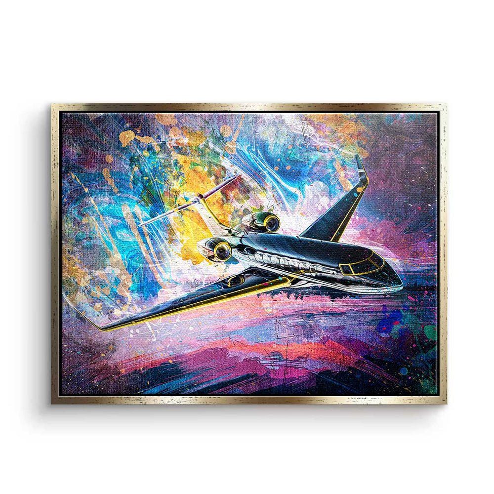 DOTCOMCANVAS® Leinwandbild, Premium Leinwandbild - Pop Art - Private Jet - Motivation - Mindset goldener Rahmen