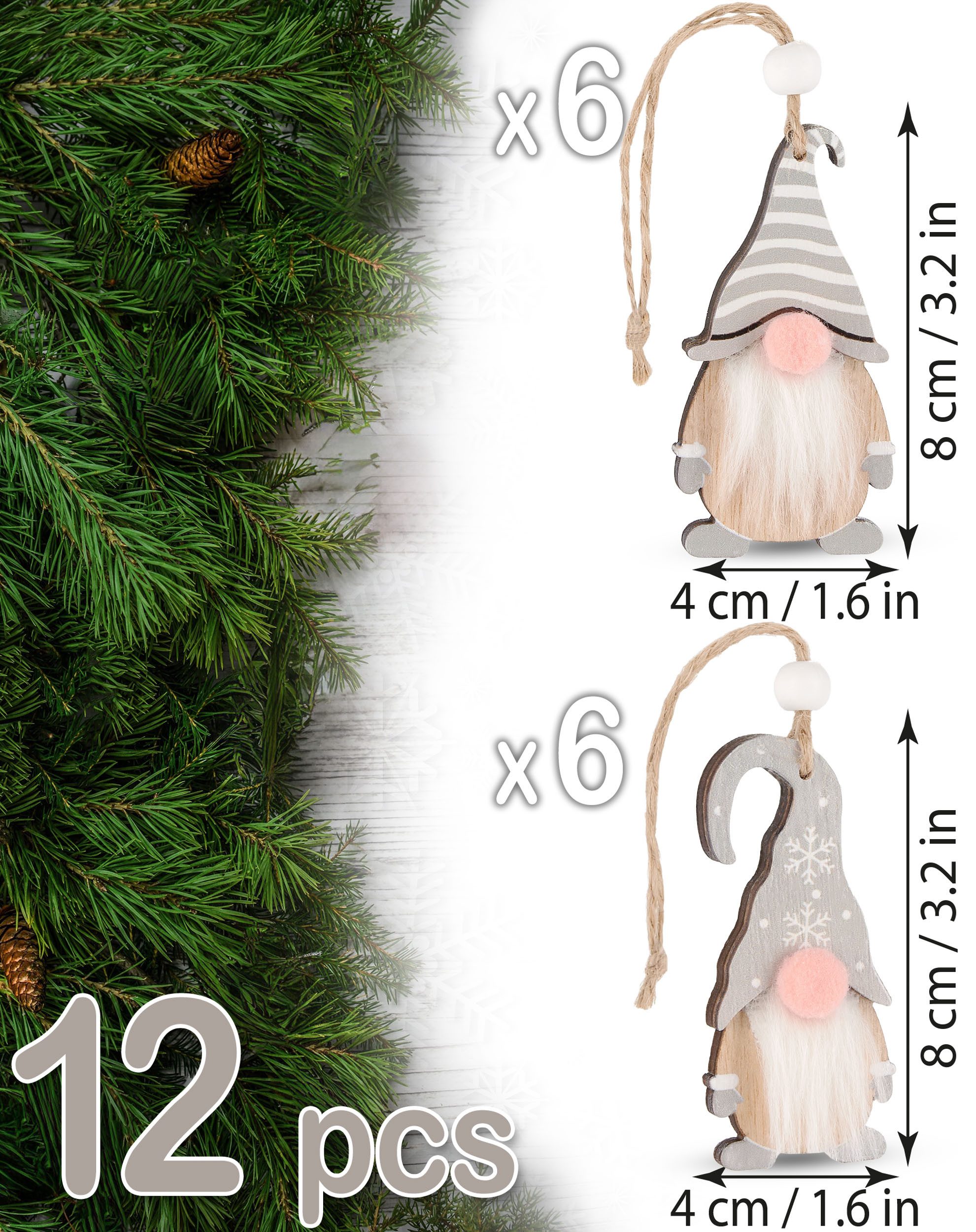 BRUBAKER Christbaumschmuck 12x Weihnachtsanhänger Wichtel - 8 cm Baumschmuck aus Holz - Gnom (12-tlg), Zwerge mit Bart und großer Nase - Holzanhänger Weihnachts – Bild 2 von 5