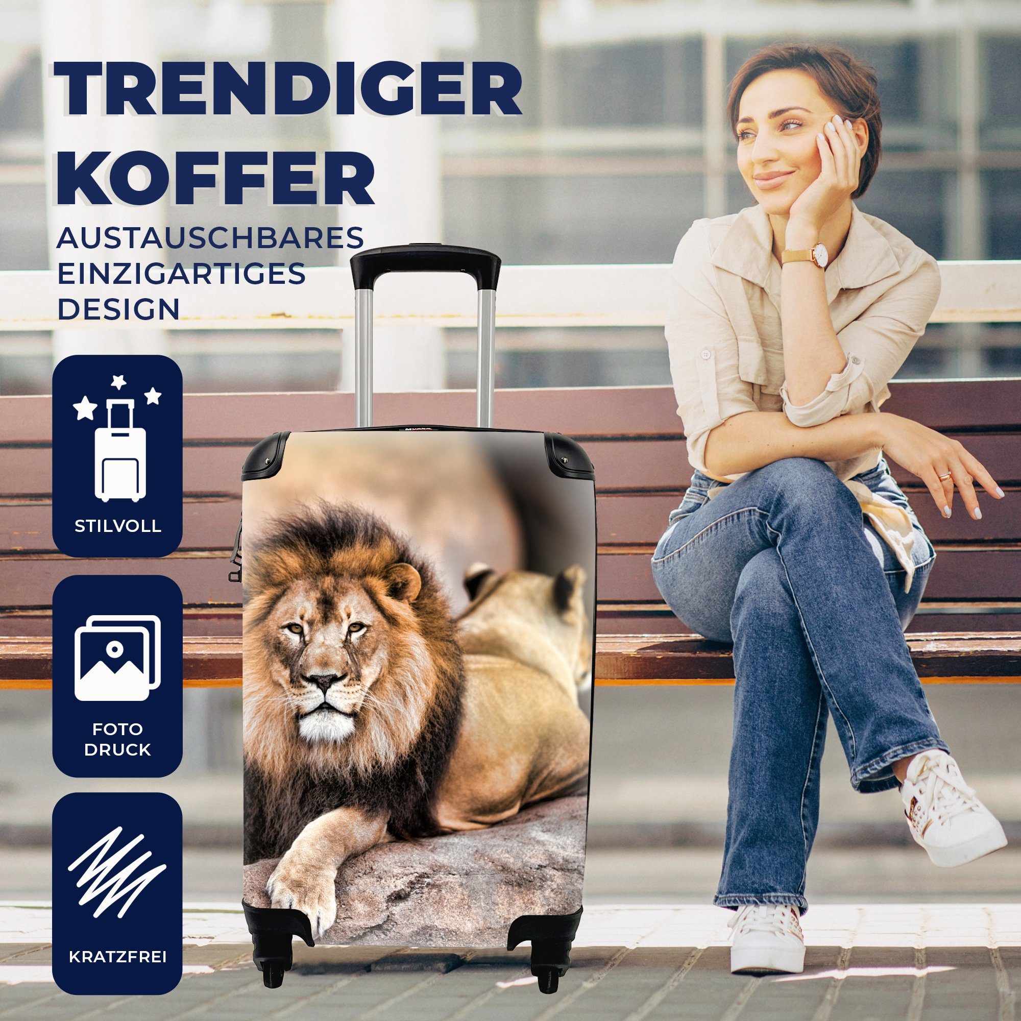 Felsen Reisekoffer Trolley, Löwe für Reisetasche rollen, 4 - Handgepäckkoffer - Ferien, mit Rollen, MuchoWow Handgepäck Tiere,