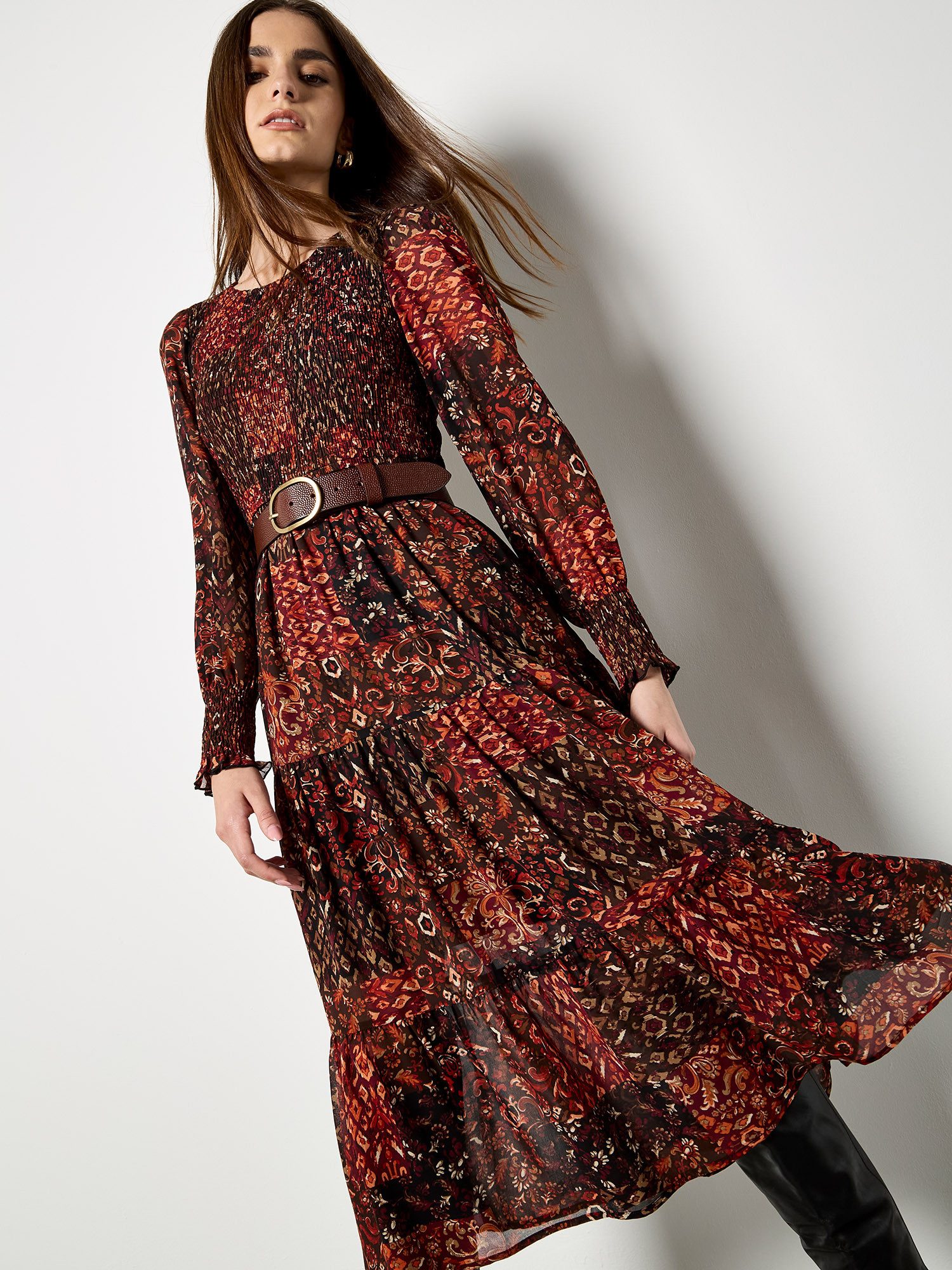 Apricot Druckkleid Midikleid mit Ikat-Muster