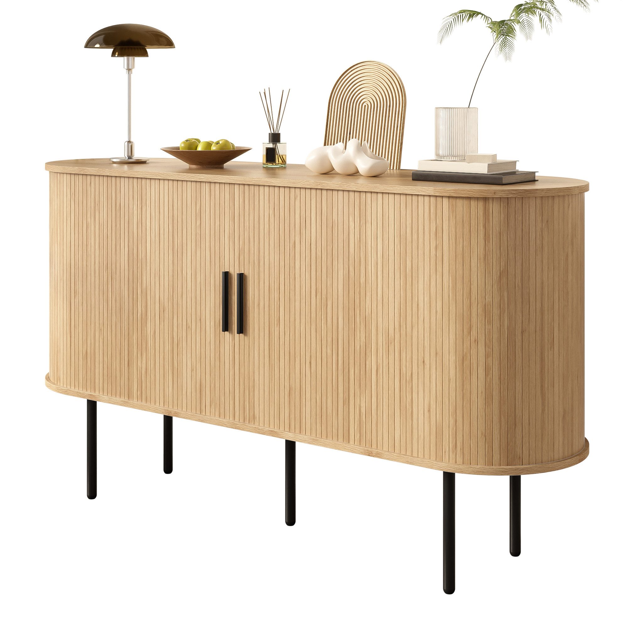 Merax Sideboard in Holzoptik, Schrank Wohnzimmerschrank Anrichte (1 St), Kommode mit Rolltüren, Stauraum und Metallbeinen, 140x40x78cm