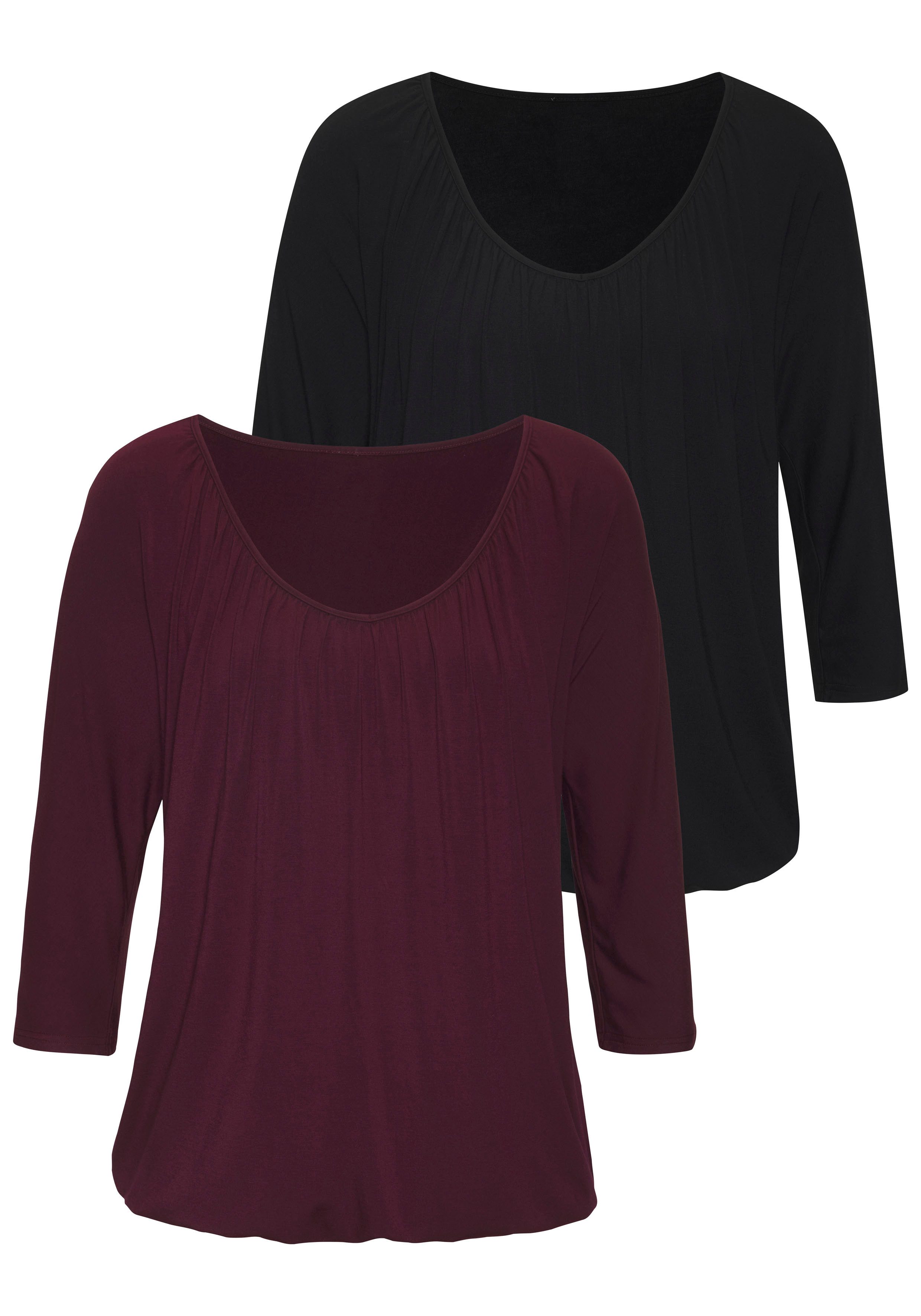 Lascana 3/4-Arm-Shirt mit zarter Raffung am Ausschnitt (2er-Pack) aus luftigem Viskose-Stretch