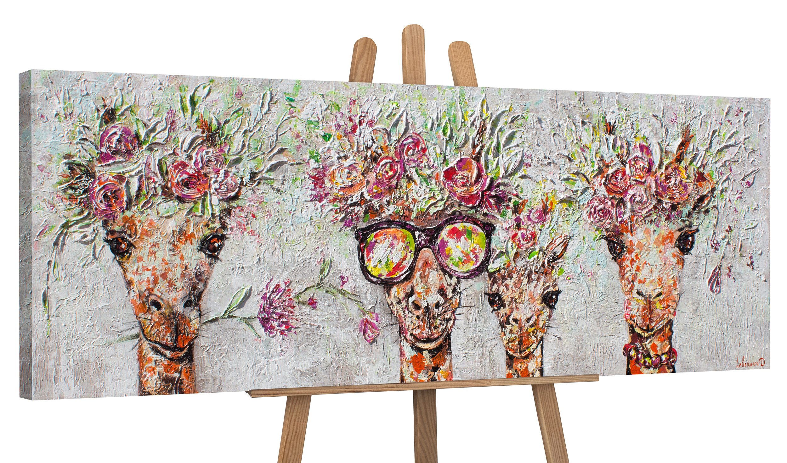 YS-Art Gemälde Giraffen, Tierbilder, Bunte Giraffen Leinwand Bild Handgemalt Brille Braun Blumen