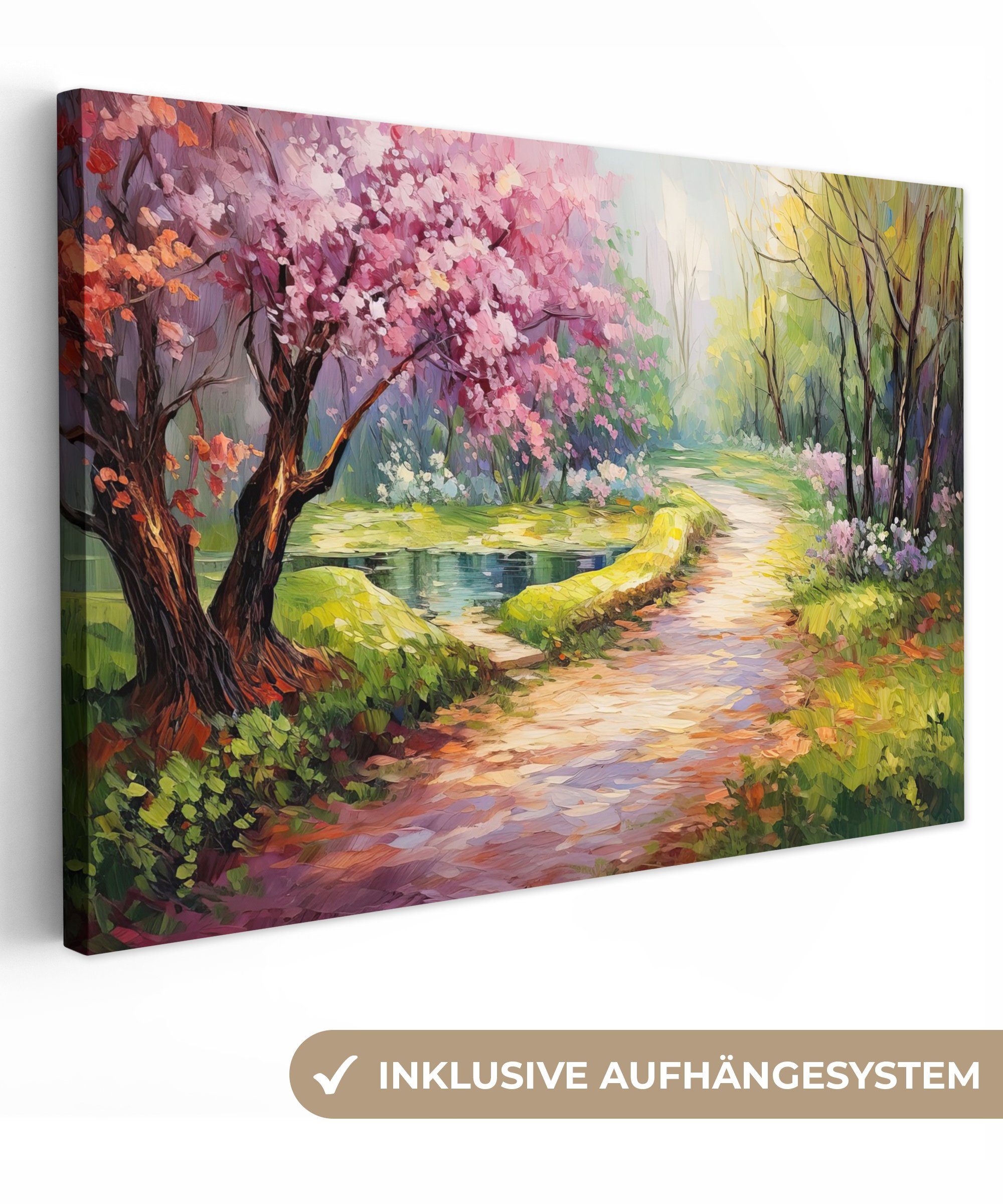 OneMillionCanvasses® Leinwandbild Aquarell - Natur - Bäume - Kunst - Blumen, Fotodruck (1 St), Wandbild XXL für Wohnzimmer Küche 120x80 cm