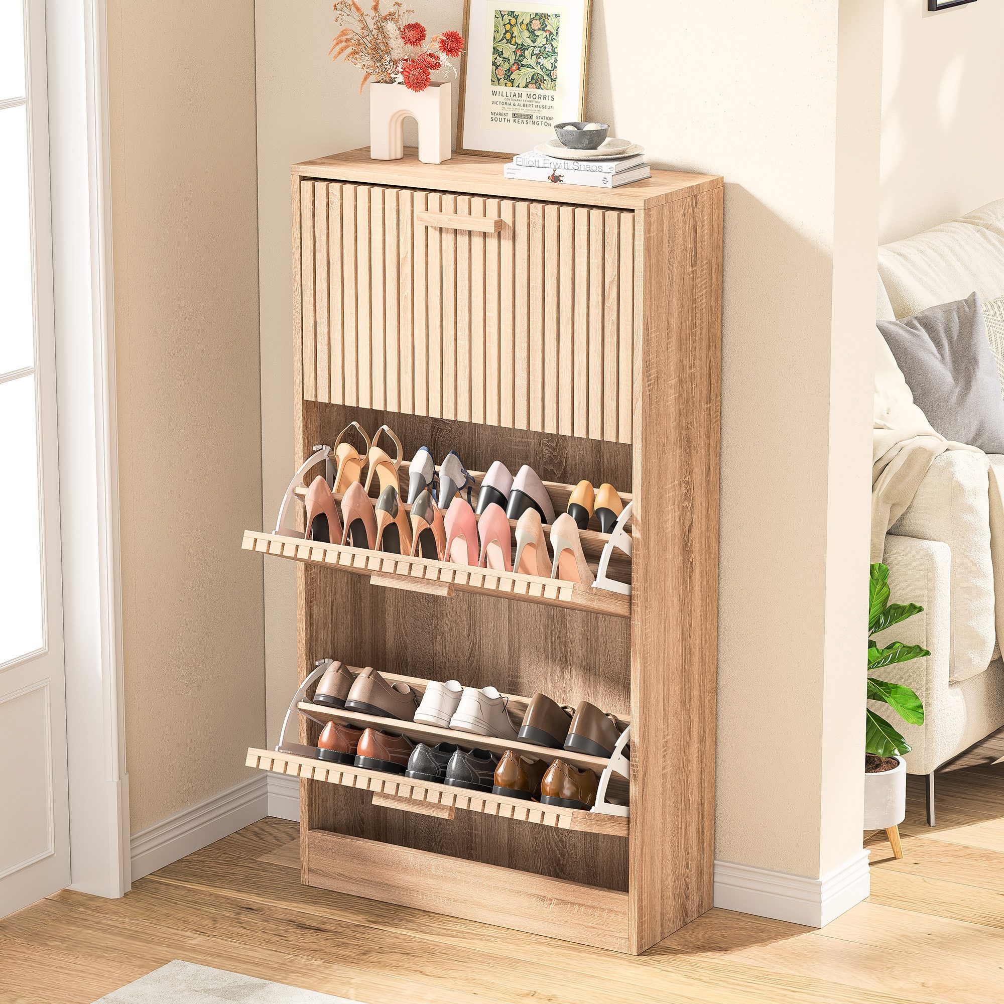 PXloue Schuhschrank mit 2 Klappen Schuhregal Schukipper( mit Kippsicherung) Schuhkommode im Flur Diele,Trennwand verstellbar, 113x24x60cm