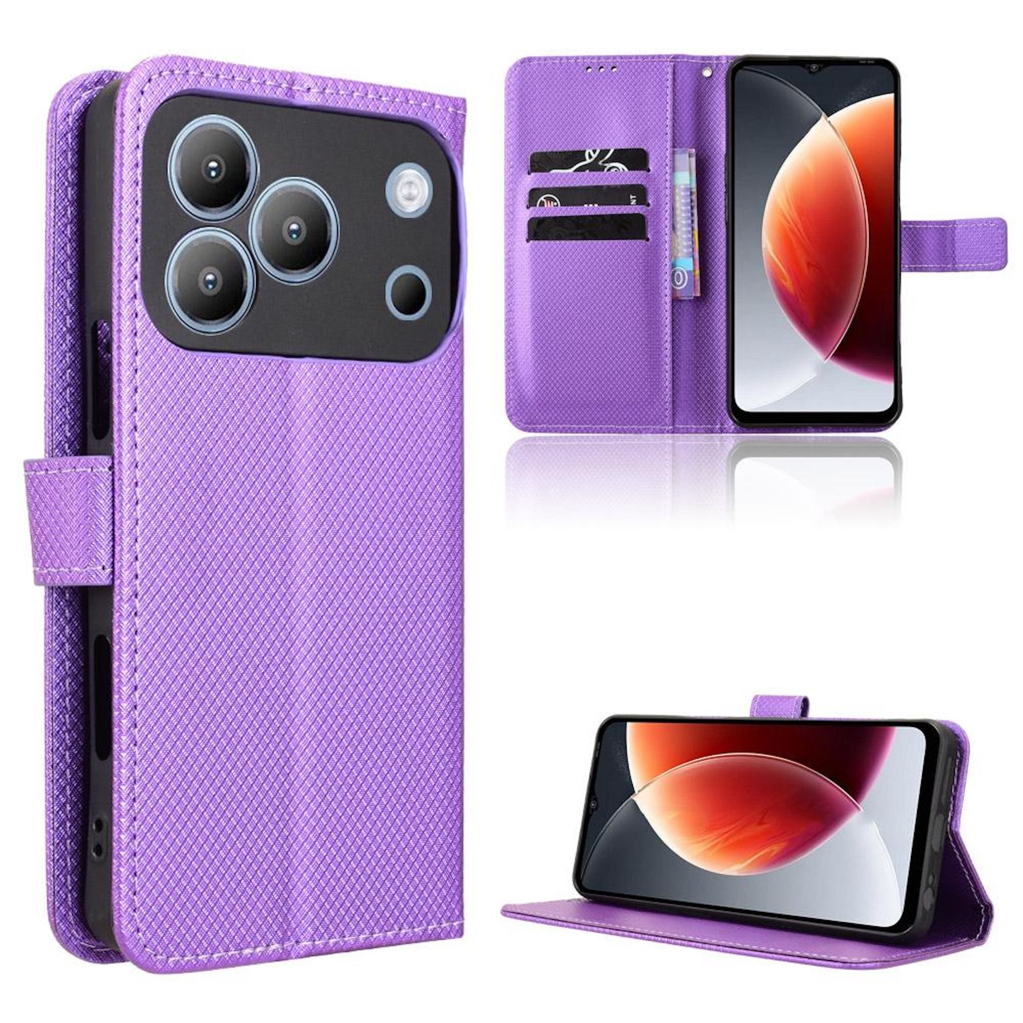 Wigento Handyhülle Klapp Kunstleder für Blackview Wave 7C Diamant Design Wallet Lila 6,56 Zoll, Kartenfach, Standfunktion
