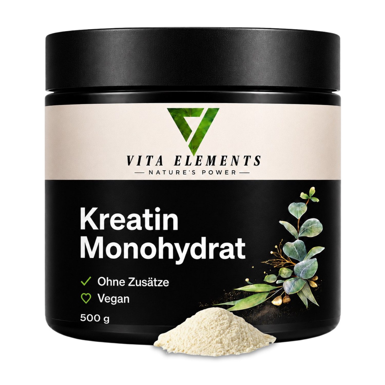 Vita Elements Kreatin Monohydrat - 100% rein, 2625mg Kreatin pro 3g Pulver, 1 er Packung à 500 g, Vegan, Zuckerfrei, Geschmacksneutral, Laborgeprüft in Deutschland