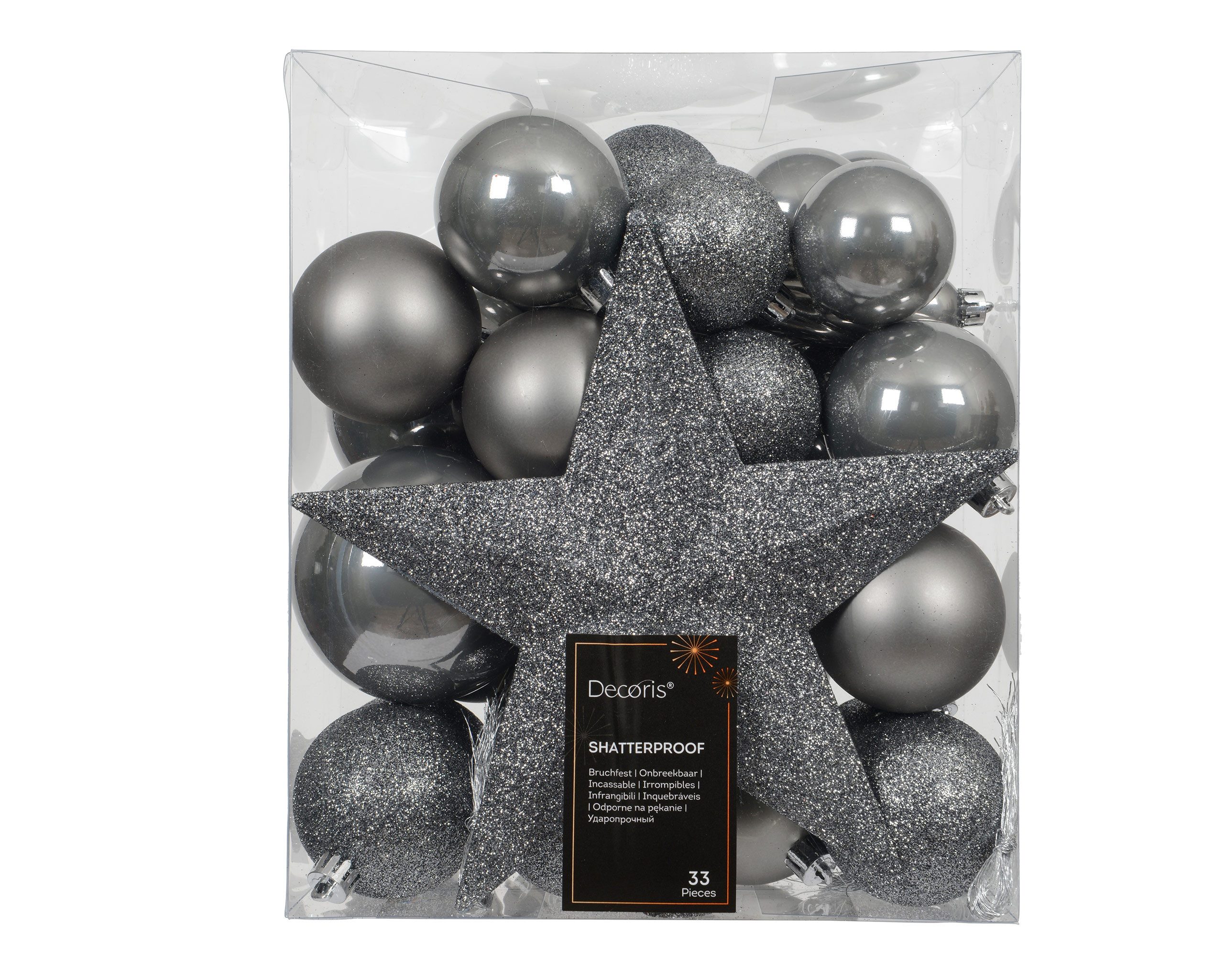 Kaemingk Weihnachtsbaumkugel, Weihnachtskugeln Kunststoff mit Christbaumstern 33er Set - Zart Grau