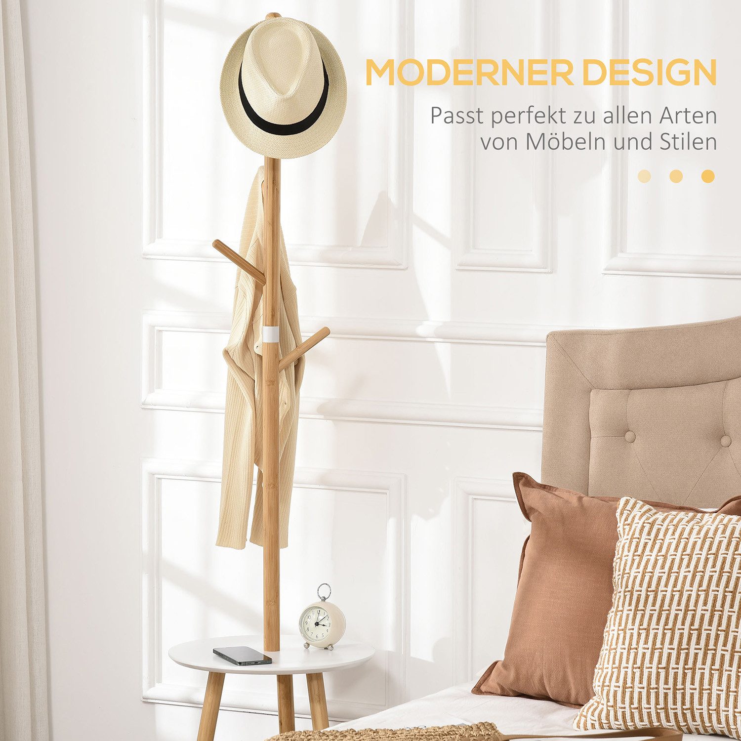 OUTMAX Kleiderständer mit 5 Kleiderhaken & Beistelltisch, 171 cm Hoch, Natur+Weiß, (1 St)
