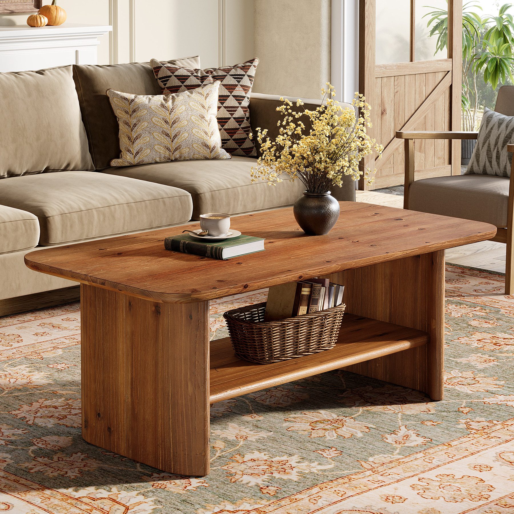 Tribesigns Couchtisch Massivholz Couchtisch 120 cm, 2-stufig, rechteckig, stabil, Braun, Massivholz – Bild 3 von 5