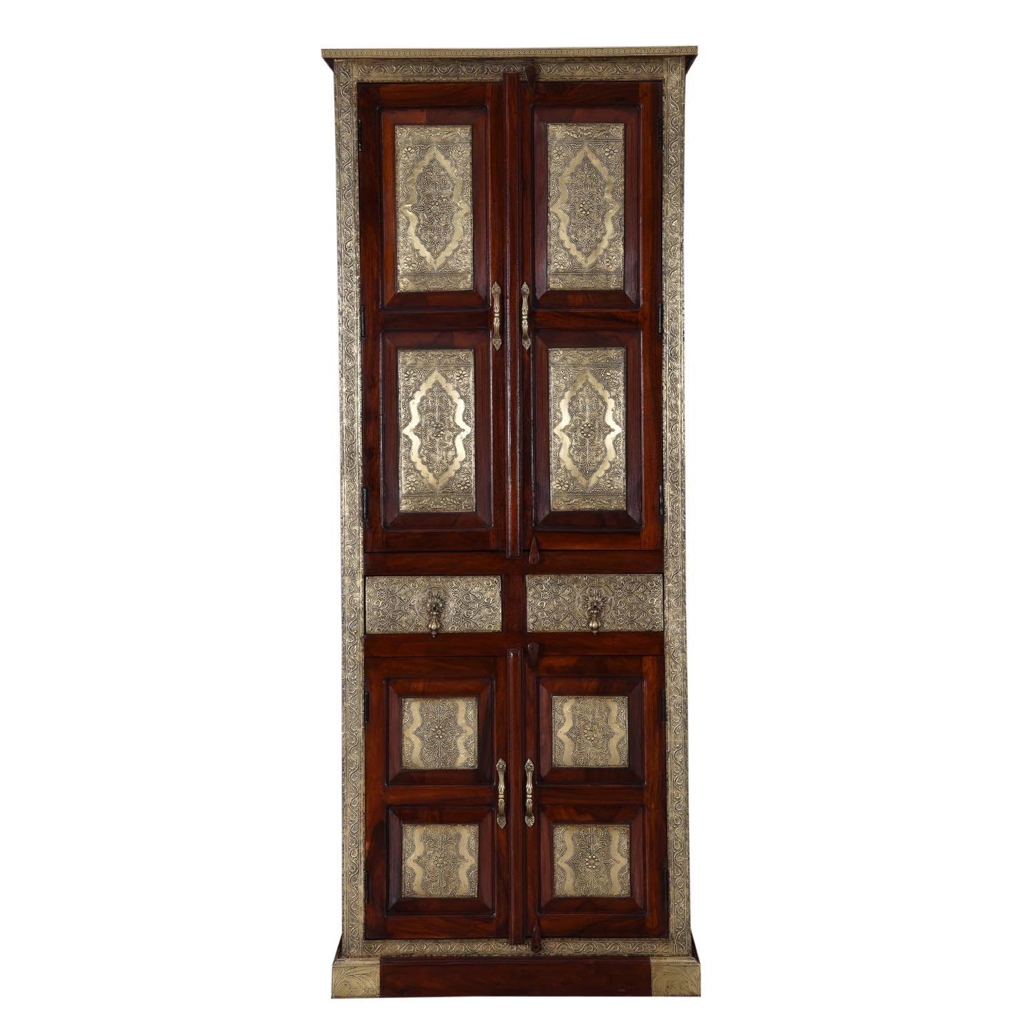 Moro Casa & cm schmaler Orientalischer Türen, mit Kleiderschrank Messing aus marokkanischer-Stil mit Arian Kleiderschrank Schubladen (1-St., 2 4 verziert, MA26-310) Massivholz 80x52x205 Drehtürenschrank