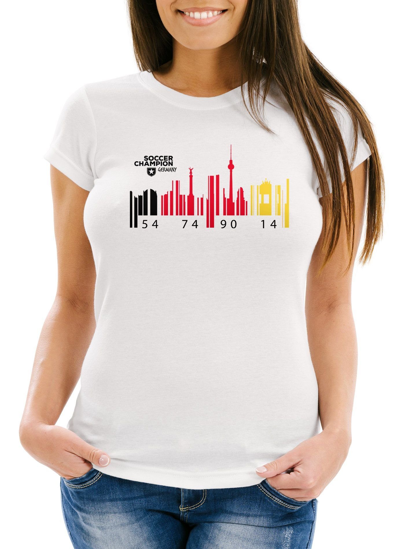 Print-Shirt Damen T-Shirt Deutschland WM Flagge Barcode Skyline Berlin Fan Shirt Moonworks®