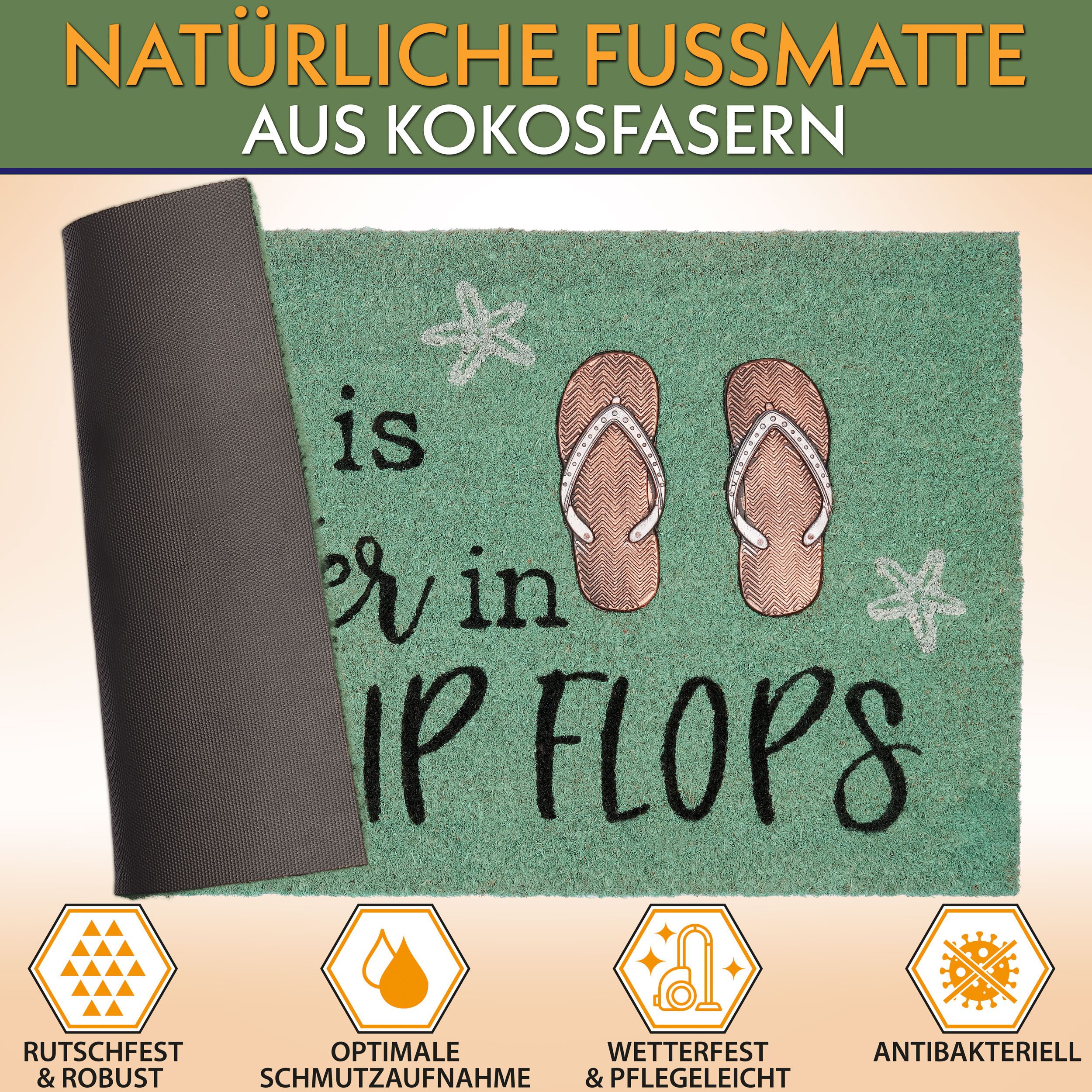 BRUBAKER Fußmatte Life is Better in Flip Flops - 45 x 75 cm Schmutzfangmatte - Türkis, Rechteckig, Höhe: 16 mm, Fußmatte für Außen und Innen aus Kokos - Wetterf – Bild 2 von 5