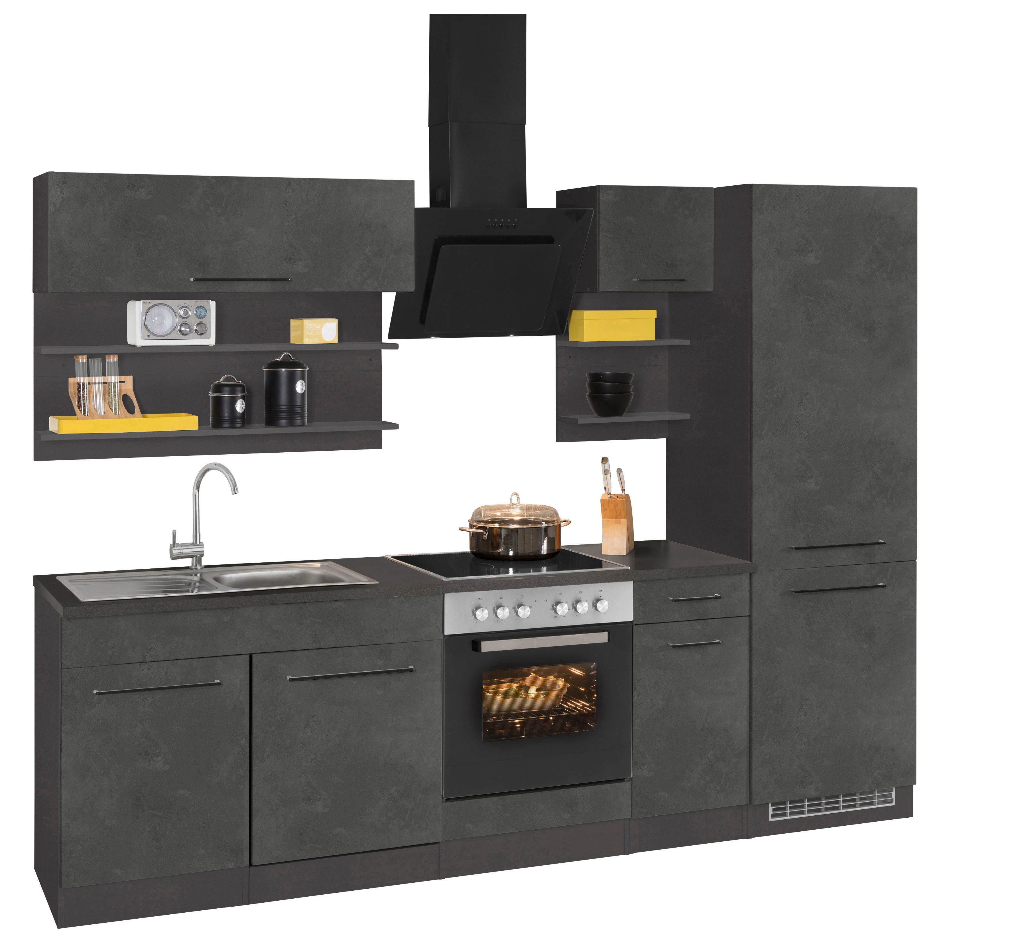 KOCHSTATION Küchenzeile KS-Tulsa, mit E-Geräten, Breite 270 cm, schwarze Metallgriffe, MDF Fronten