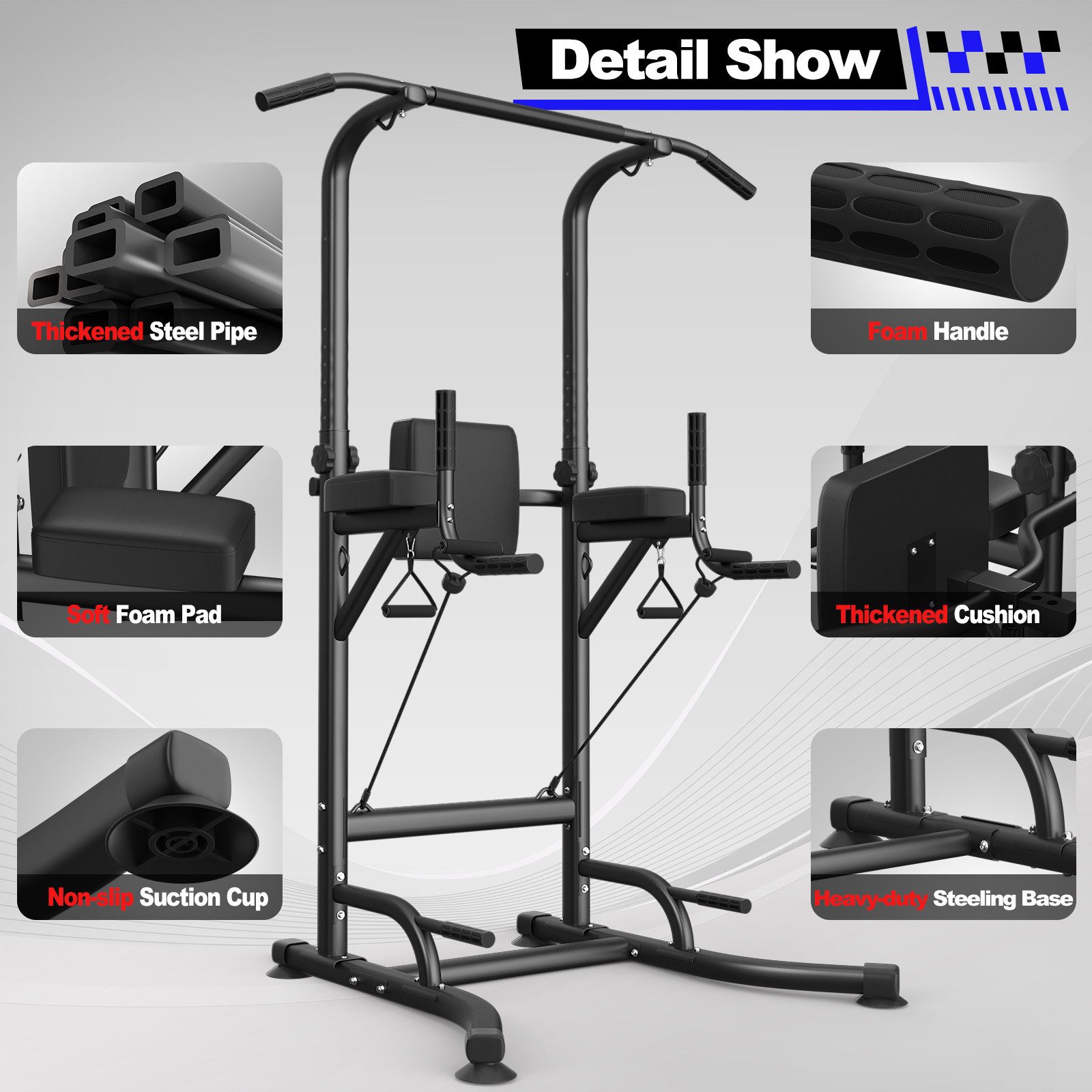 Botifly Kraftstation Multifunktional Power Tower Dip Station - Fitnessstation, (Ergonomisch Kraftstation - mit Klimmzugstange für Zuhause), 10-stufige Höhenverstellung 170–210 cm - Belastbarkeit 200 kg