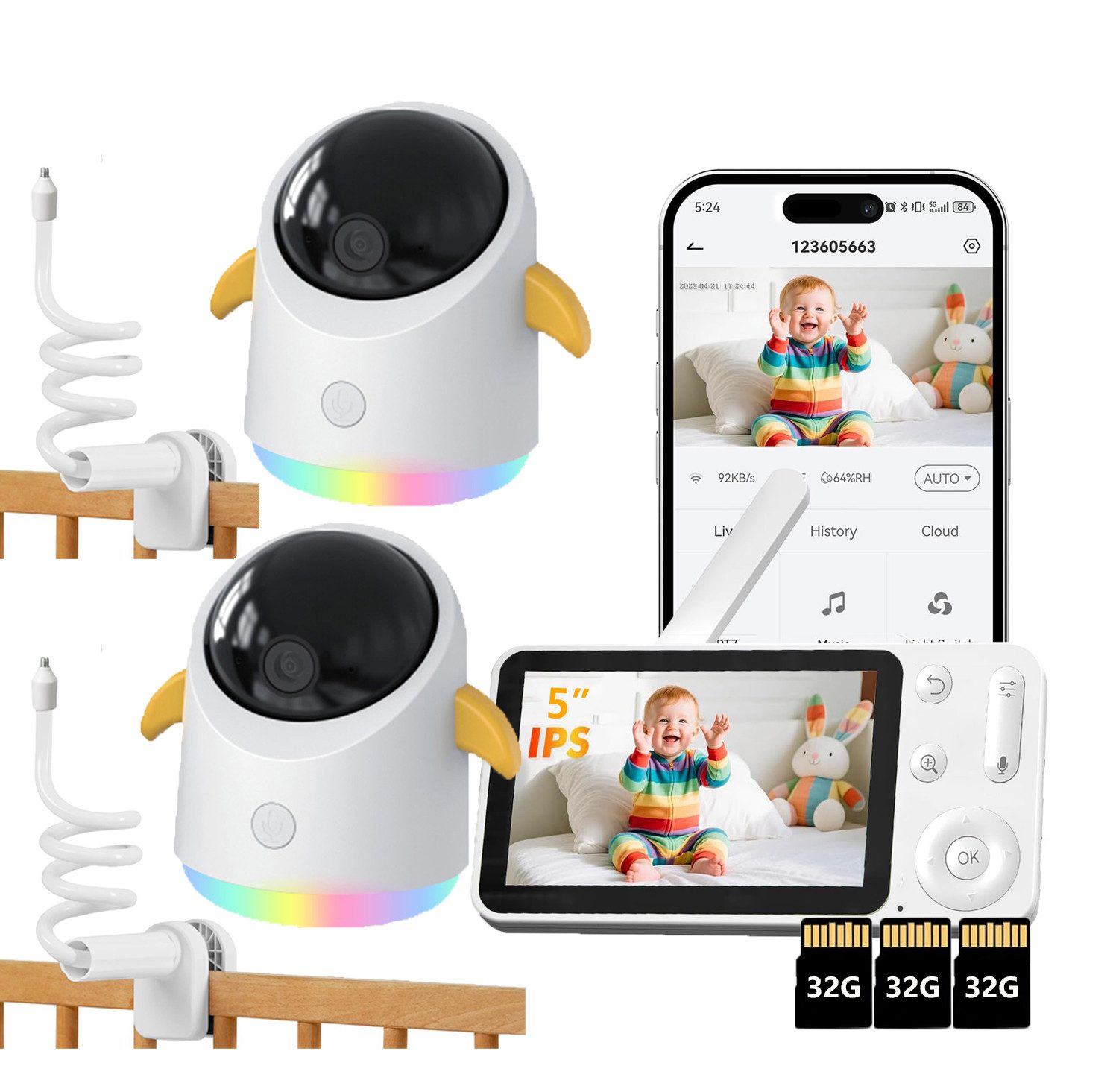 Babyphone 2K Babyphone mit 2 Kameras 5" Display Video Babyfon mit App mit Halter