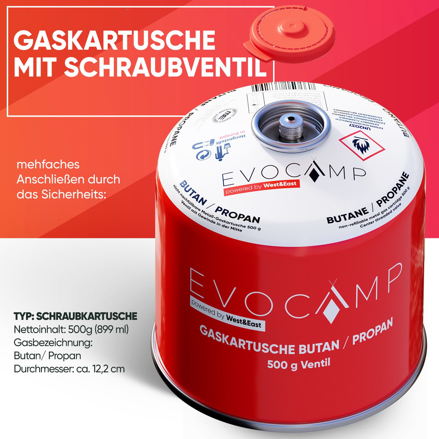 EVOCAMP Gaskartusche Ventilkartusche mit Butan/Propan Gas EN 417 500g mit S günstig online kaufen