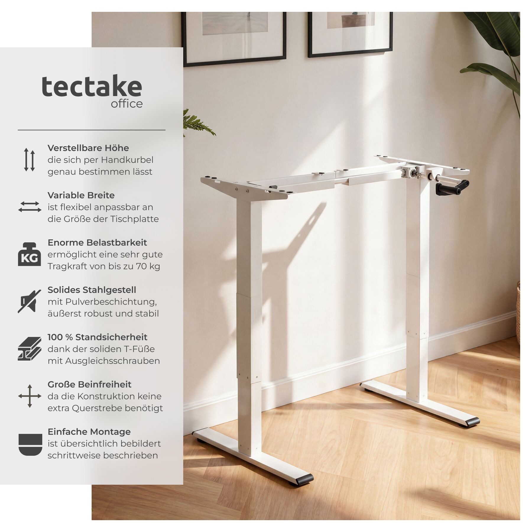 tectake Tischgestell Schreibtischgestell, Belastbarkeit 70 kg, 84 - 129 x 60 x 71 - 121 (Tischuntergestell Idun, 1-St., in weiß), Stufenlos höhenverstellbares Tischgestell mit Handkurbel