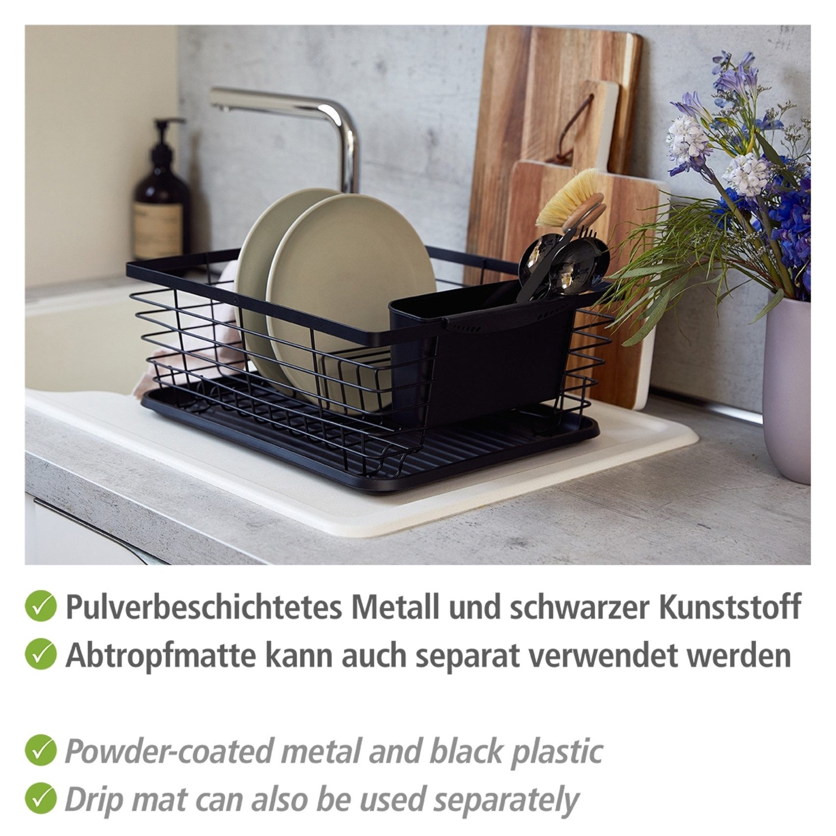 WENKO Geschirrständer Modell Drip, Geschirrabtropfer mit abnehmbarem Besteckkorb und Abtropfschale