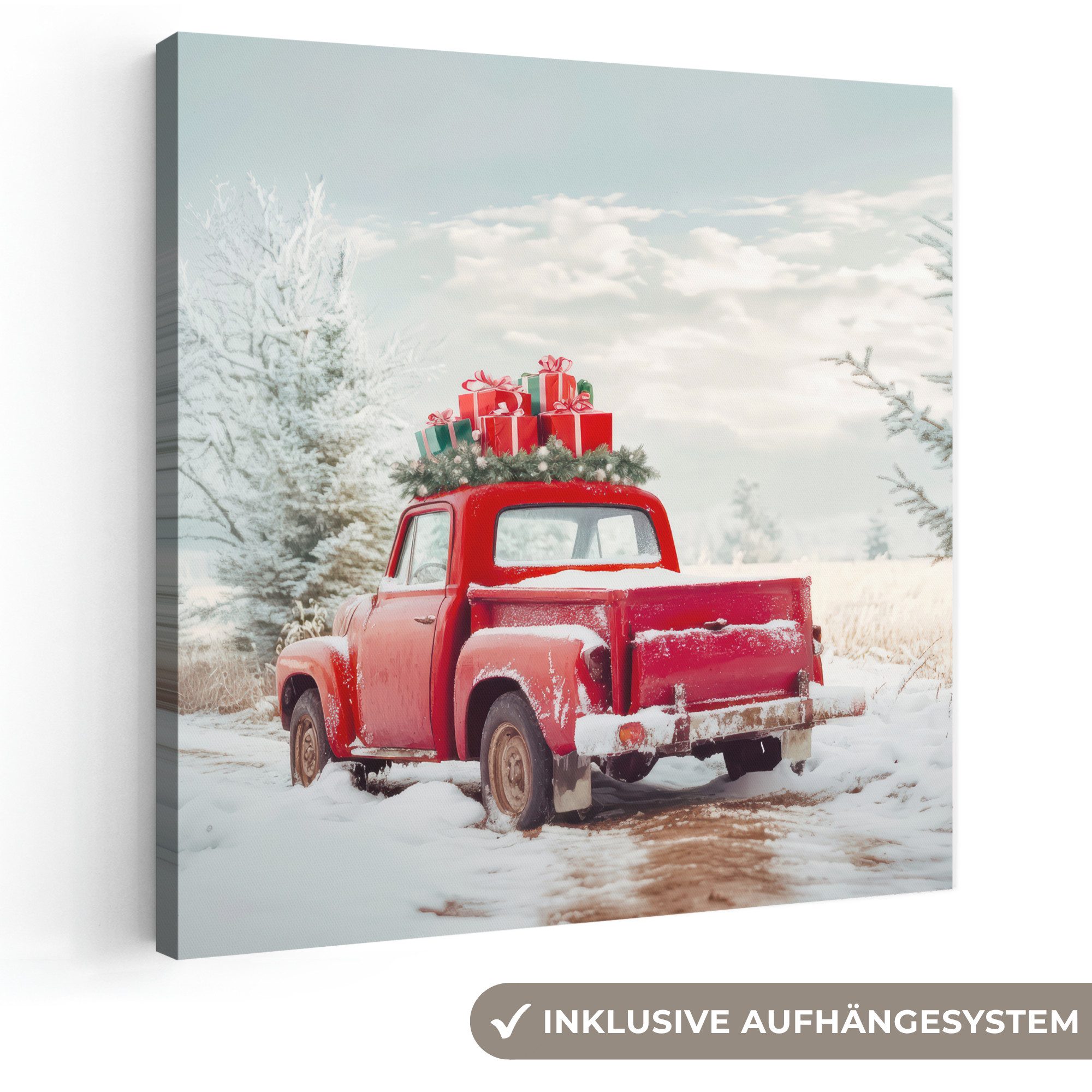 OneMillionCanvasses® Leinwandbild Auto - Rot - Geschenke - Winter - Schnee - Weihnachten, Fotodruck (1 St), Wandbild, Deko Schlafzimmer Wohnzimmer Flur 20x20 cm