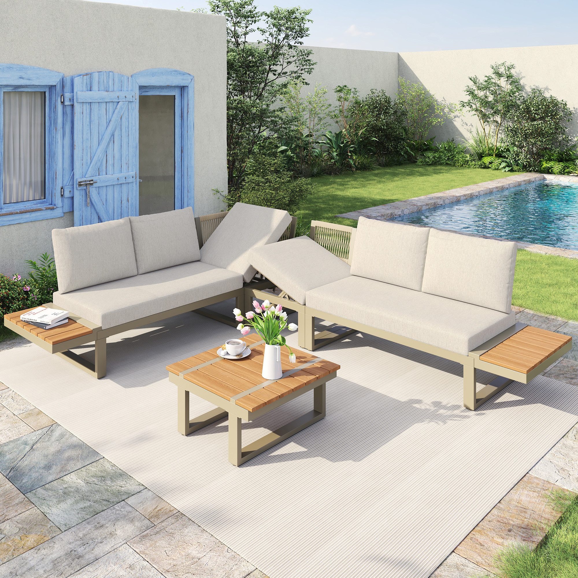 MODFU Gartenlounge-Set Sitzgruppe umbaubar mit Couchtisch, Beige, (Set, 3-tlg., Tischplatte Kunststoffholz, Ablagen, Couchtisch in Beige), Verstellbare Neigung (5 Stufen/55), verzinktes Stahlrohr