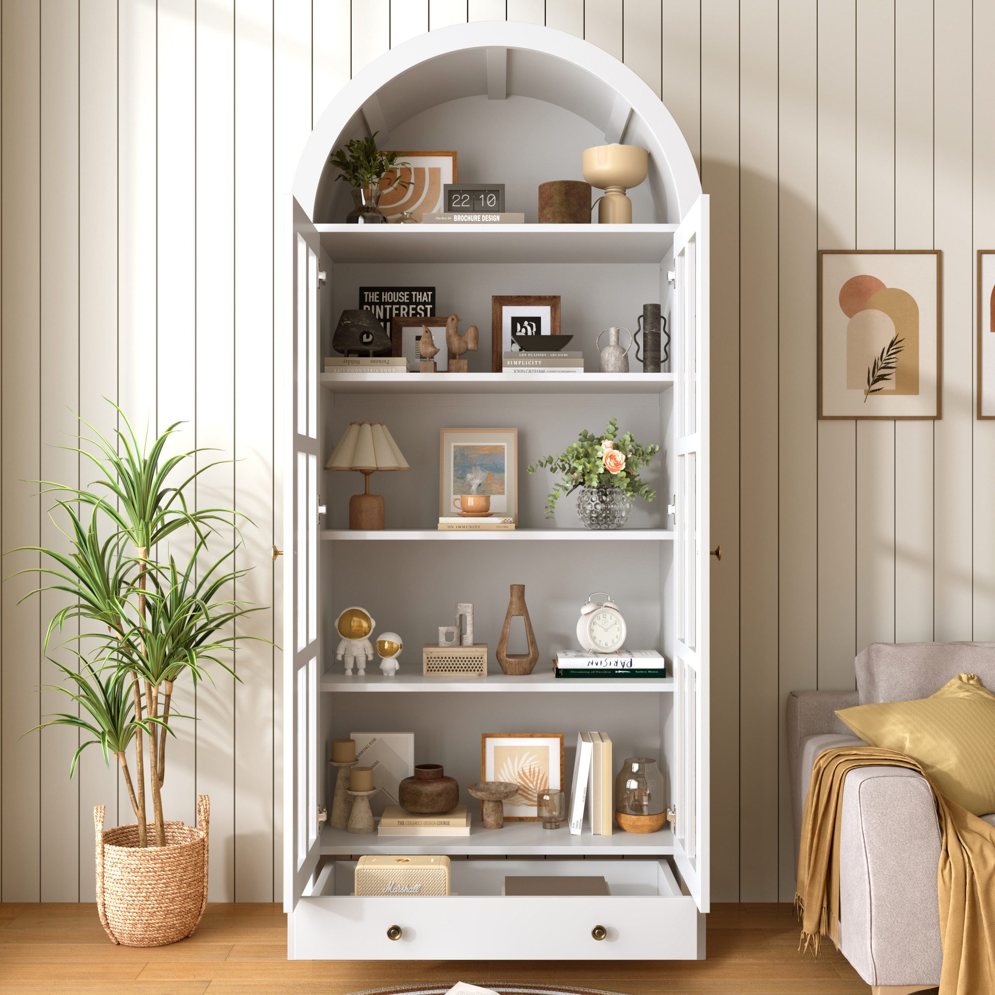 Flieks Hochschrank Bogen-Glasvitrine Mehrzweckschrank mit Acryltüren Landhausstil (Bogenform Vorratsschrank mit verstellbarer Einlegeböden, 1-St., B75/T35/H170, – Bild 3 von 5