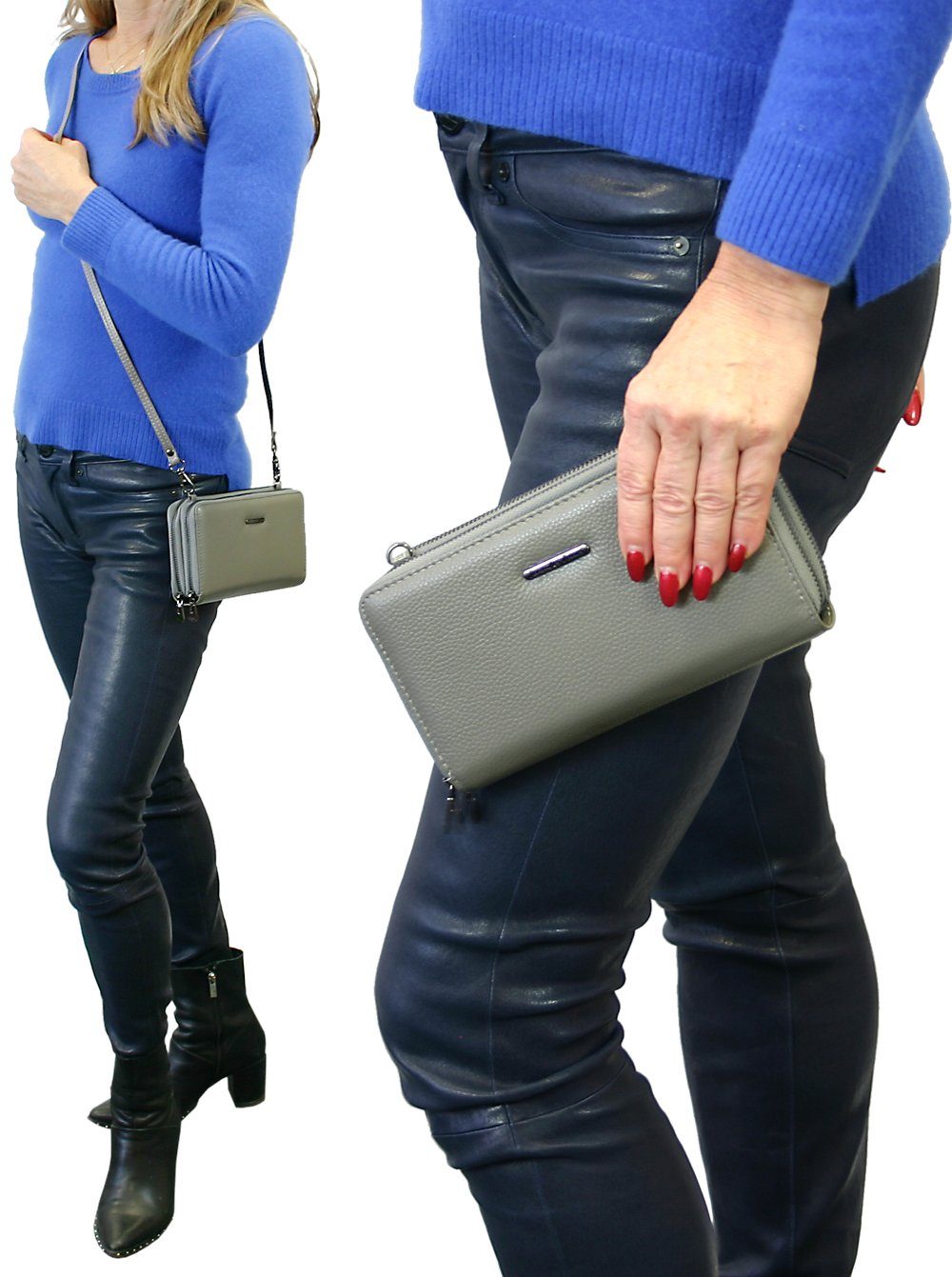 J JONES JENNIFER JONES Handytasche 2in1 - Damen Handtasche als Geldbörse mit Handyfach, Leder, abnehmbarer Schultergurt