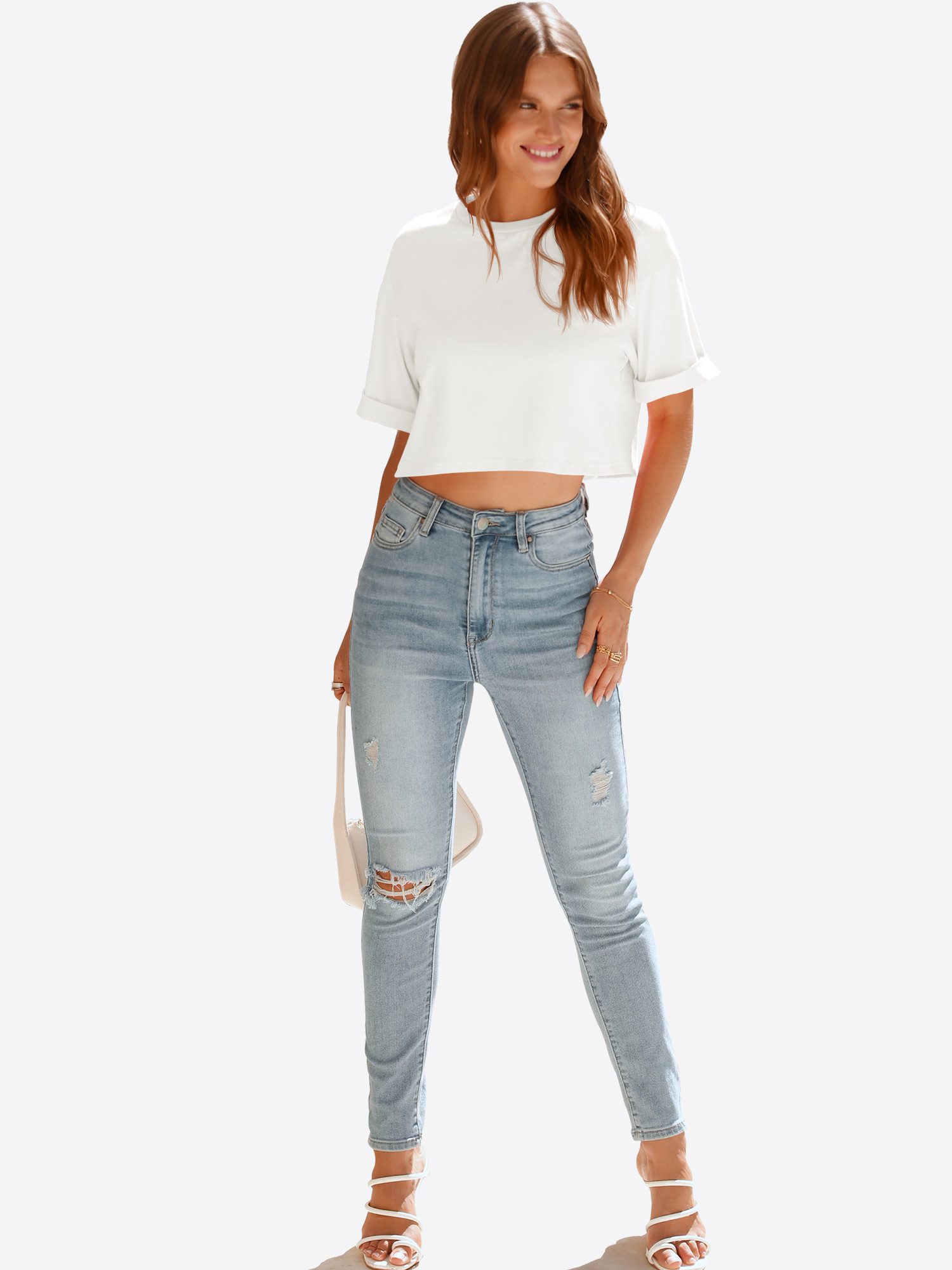 Imily Bela T-Shirt Damen bauchfreie Kurzbluse (Packung, 1-tlg., 1per-Pack) krempelbar