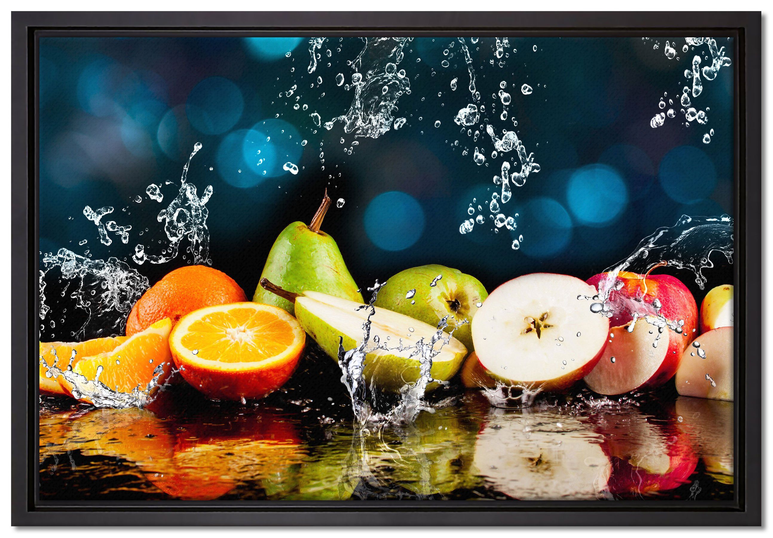 Pixxprint Leinwandbild Früchte im Wasser, Wanddekoration (1 St), Leinwandbild fertig bespannt, in einem Schattenfugen-Bilderrahmen gefasst, inkl. Zackenaufhänger