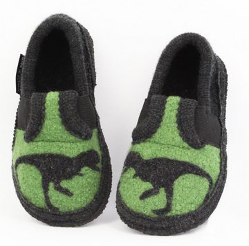 Beck Hüttenschuh Dino Hüttenschuhe (Original aus Österreich, coole Jungs-Hüttenschuhe für Kita, Schule und Zuhause) warmer atmungsaktiver Wollfilz, rutschfeste Sohle, seitliche Gummizüge