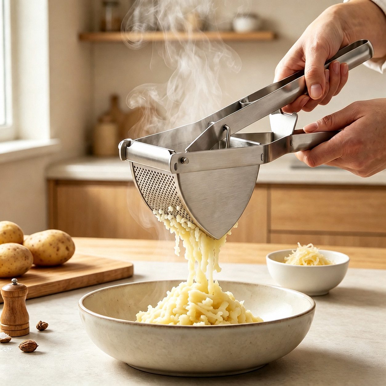 GLIESE POWER Kartoffelpresse aus Edelstahl, Stampfer mit Kartoffelschneidmesser für Püree, Edelstahl, 30 cm Griff – mühelos & klumpenfrei für Kartoffeln & Gemüse.