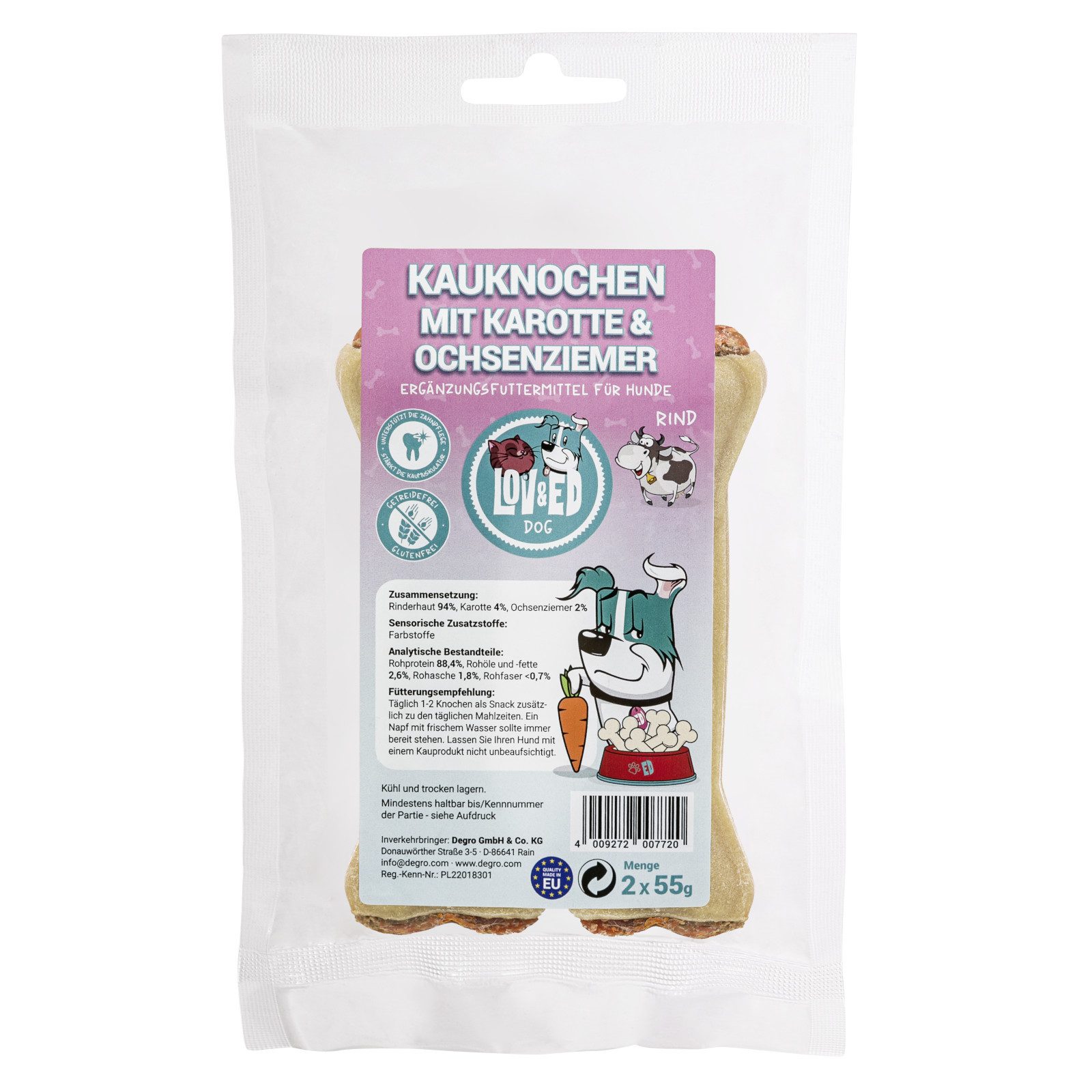 Lov&Ed Kauknochen mit Karotte & Ochsenziemer, 2x 55 g, Ergänzungsfuttermittel für: Hund