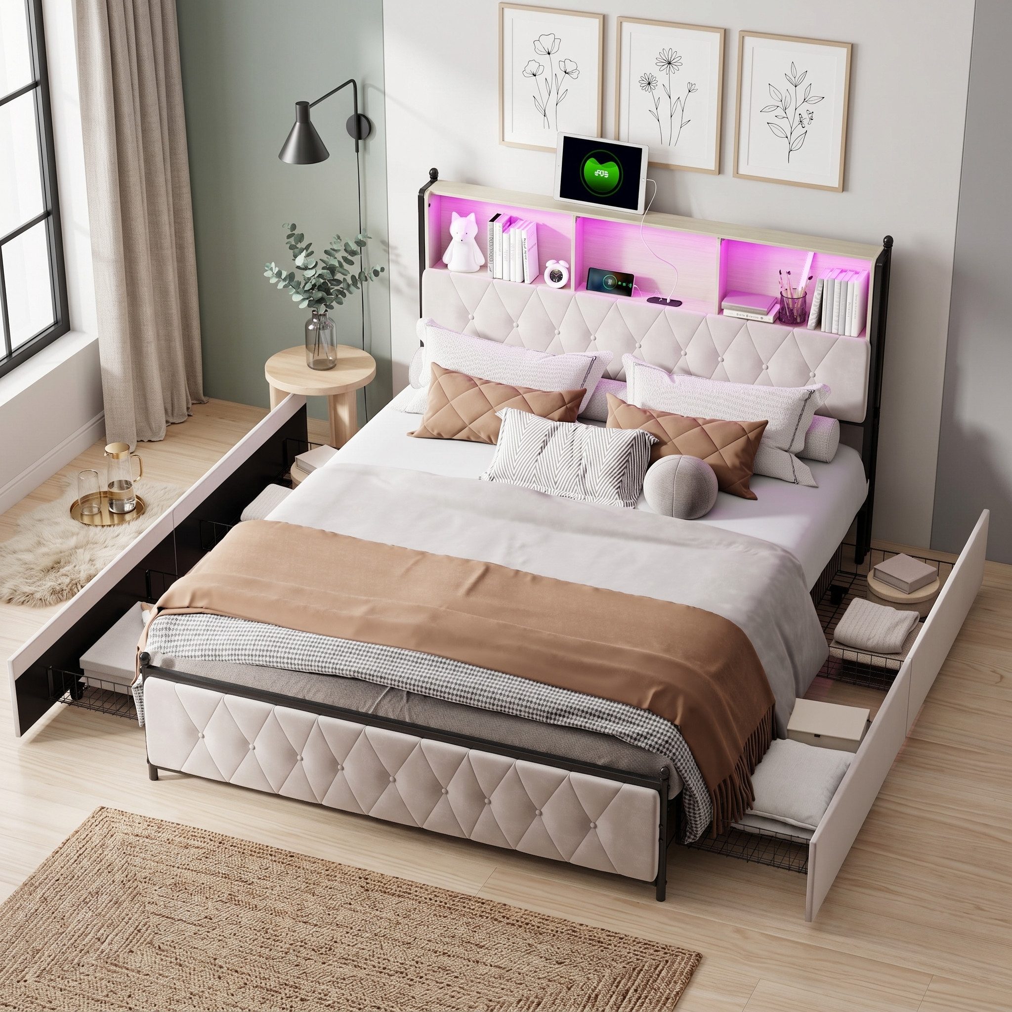 ADWOLT Polsterbett Doppelbett Stauraumbett mit 4 Schubladen und USB+Type C-Schnittstellen (Jugendbett, 1-tlg), 140x200 cm,Gepolstert,Schubladen mit Rädern,Samt