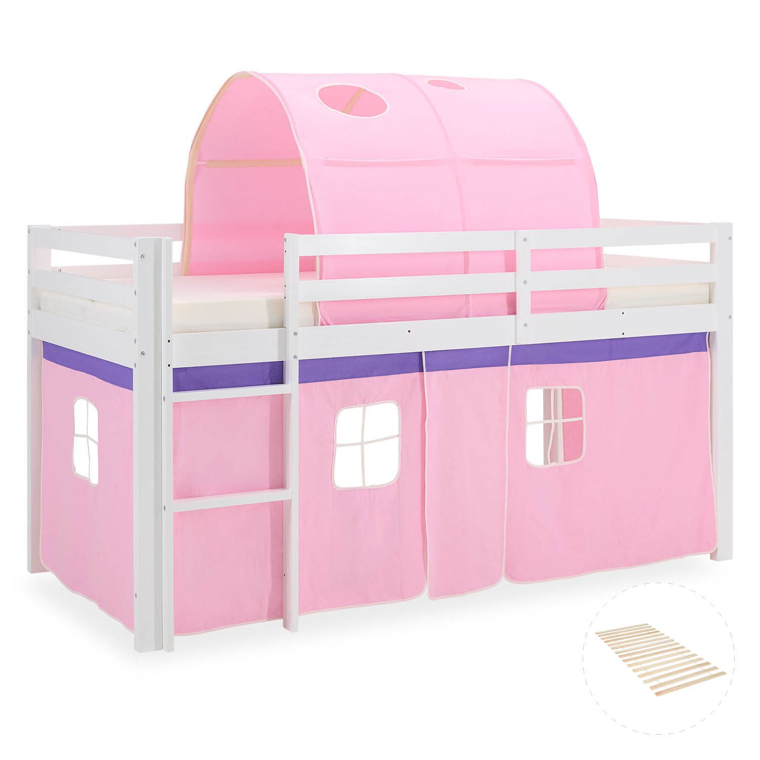 Homestyle4u Hochbett Kinder mit Rutsche mit / ohne Matratze 90x200 Rosa Mädchen (Set, mit Lattenrost, Tunnel) Kiefer, Jungen Mädchen